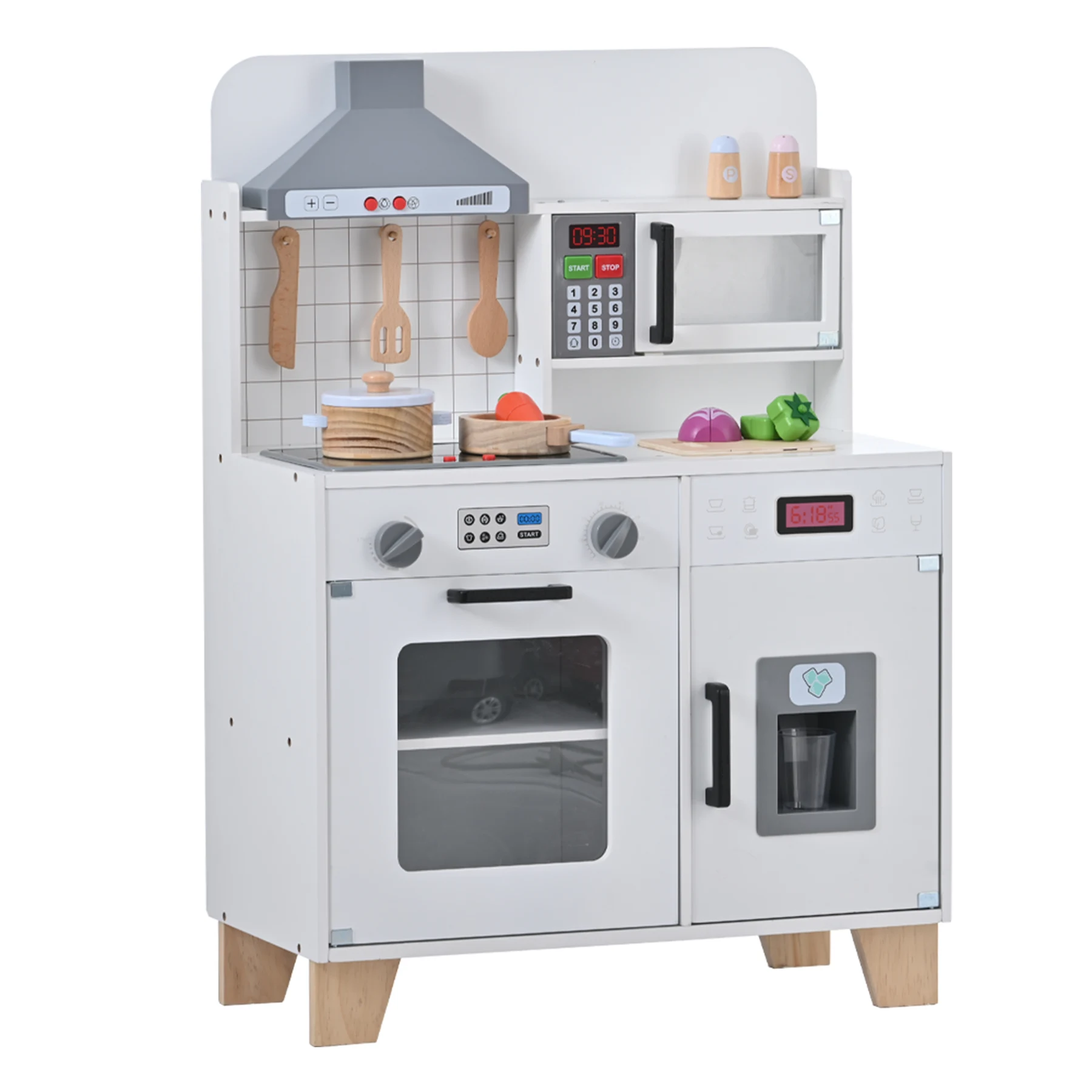おままごと キッチン 木製 台所 ライト付き 音が鳴る 製氷機 調理器具付き 調味料 食材 野菜 知育玩具 コンロ 電子レンジ 家事 おもちゃ キッズ ベビー 誕生日 プレゼント【ホワイト】