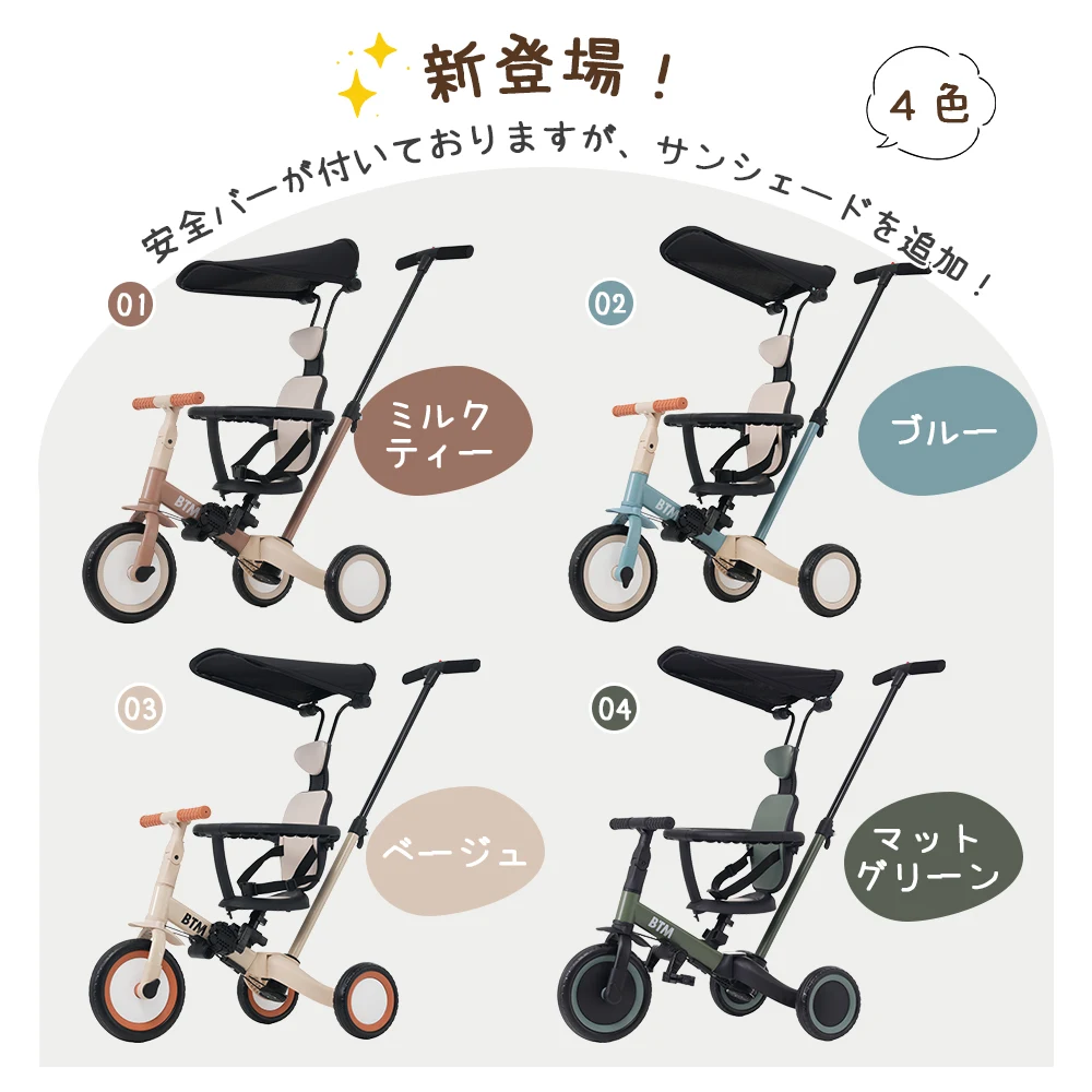 【ブルー】子供用三輪車 5in1 自転車 オリジナル 押し棒付き 安全バー付き サンシェード付き