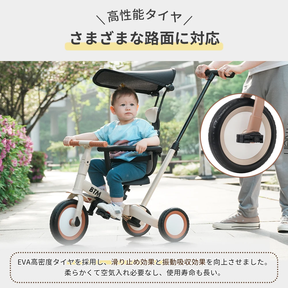 【ブルー】子供用三輪車 5in1 自転車 オリジナル 押し棒付き 安全バー付き サンシェード付き