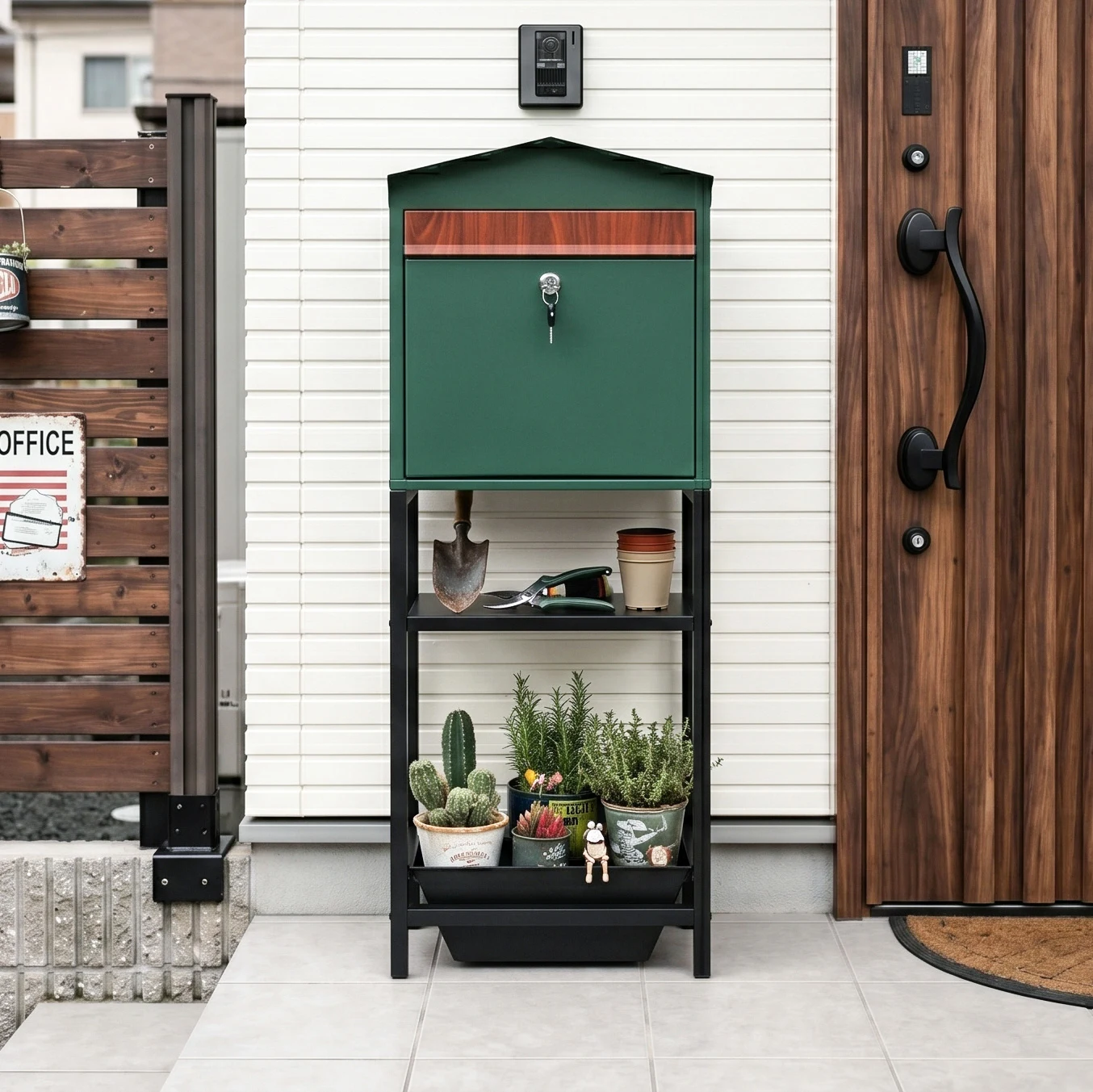置き型 スタンド かご付きポスト鍵付き 玄関前 収納 スタンドポスト ポスト 北欧 一戸建て用 スタンドポスト メールボックス A4対応 新聞受け 高級 おしゃれ【グリーン】