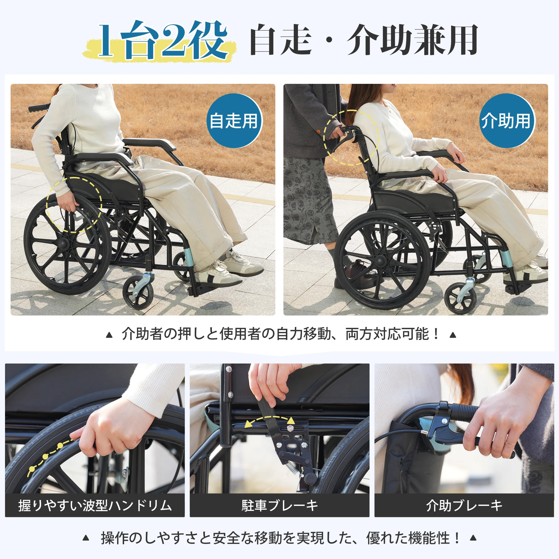 車椅子 車いす 1台2役 自走介助兼用 自立可能 安全ベルト付き 背面ポケット付き ノーパンクタイヤ 折りたたみ式 超軽量コンパクト 介護用具 福祉用具 ブルー