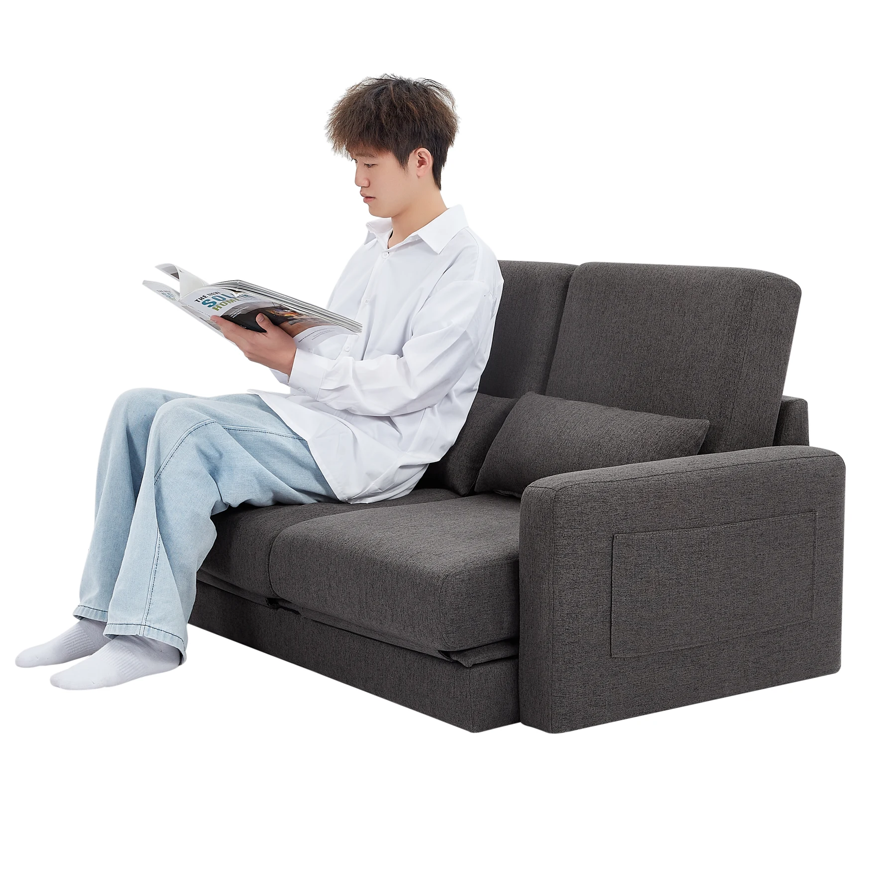 2 seater sofa ソファ 2人掛け 収納付き ファブリック 両側に肘掛け付き 木脚外し可能 ローソファ コンパクト ひとり暮らし カウチソファー