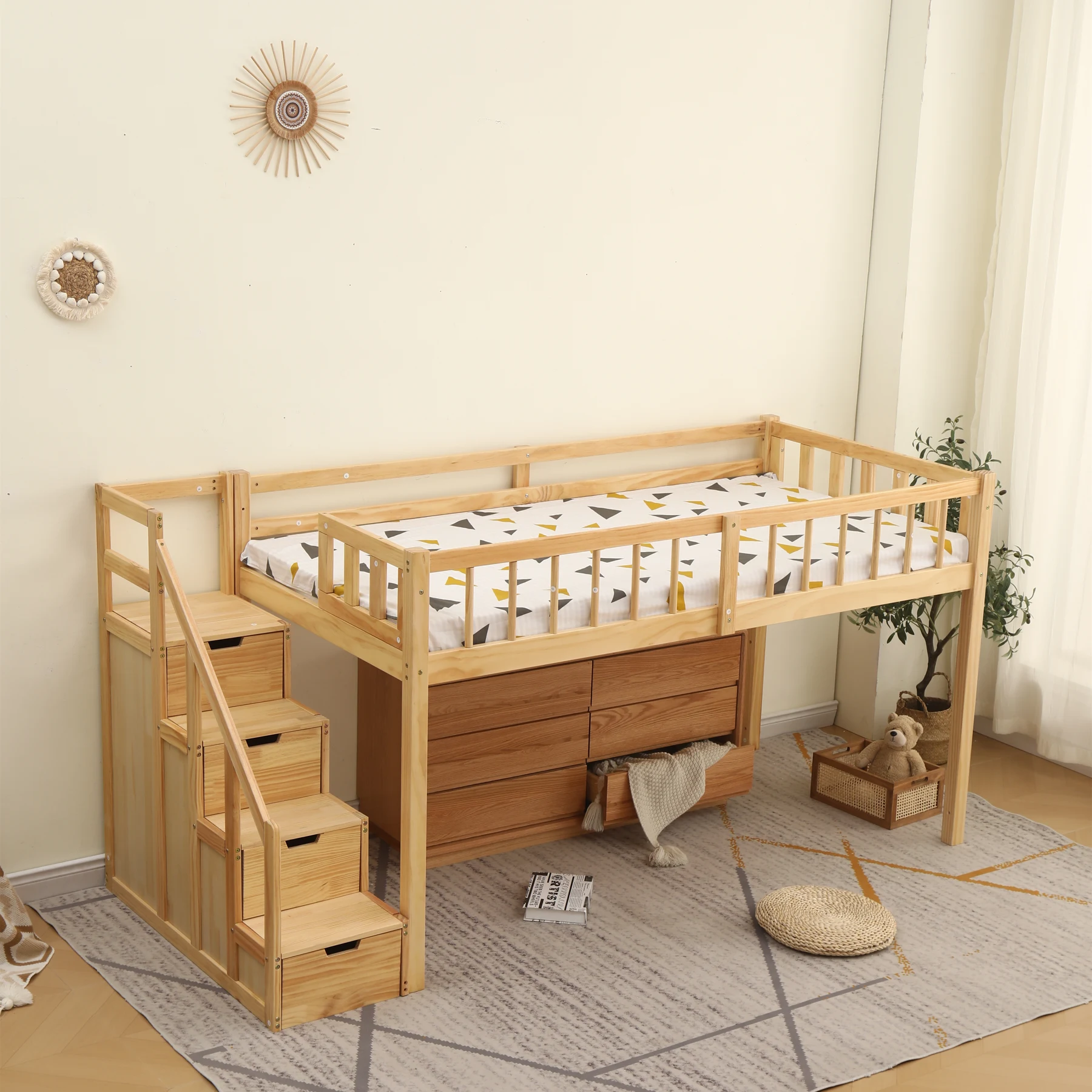【新作】【ナチュラル】ロフトベッド 木製 ベッド ロフト システムベッド 子供ベッド シングル ロフトベッドロータイプ ウッド 階段 収納 北欧風 子供部屋