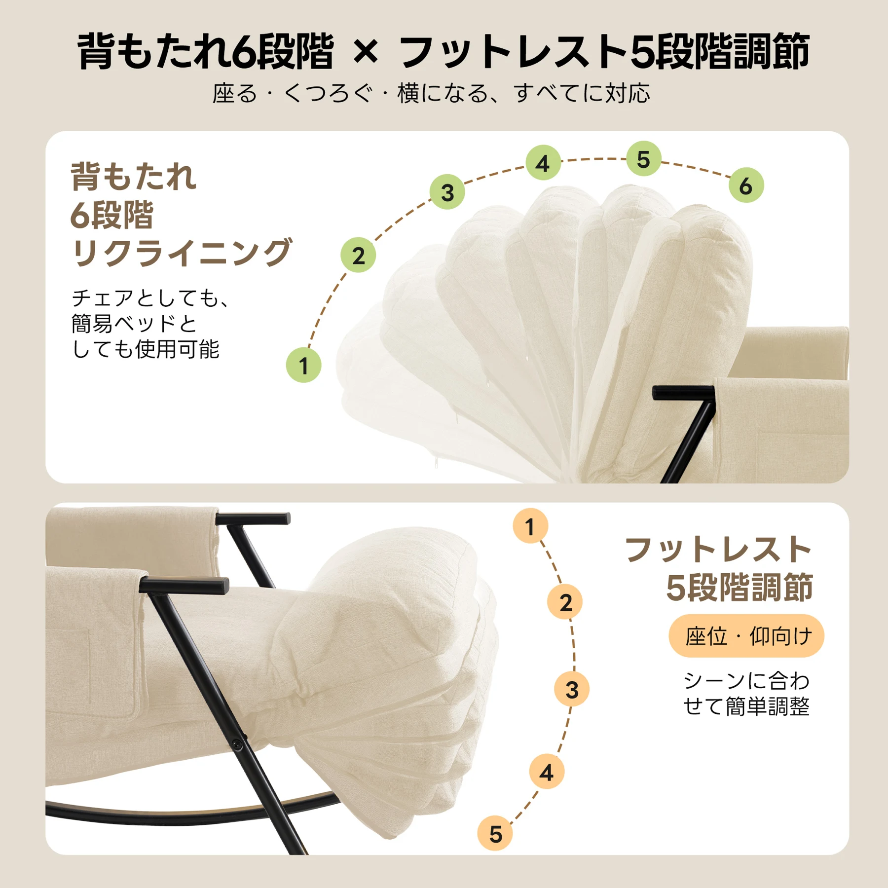 ロッキングチェア リラックスチェア 背もたれ多段階調節可能 足部分多段階調節可能 頑丈 耐久 座り心地よい 揺れる椅子 読書椅子 床を傷つけない 組み立て簡単 屋内用 リビングルーム用 ベランダ用 リラックス 一人暮らし ふわふわ 通気性