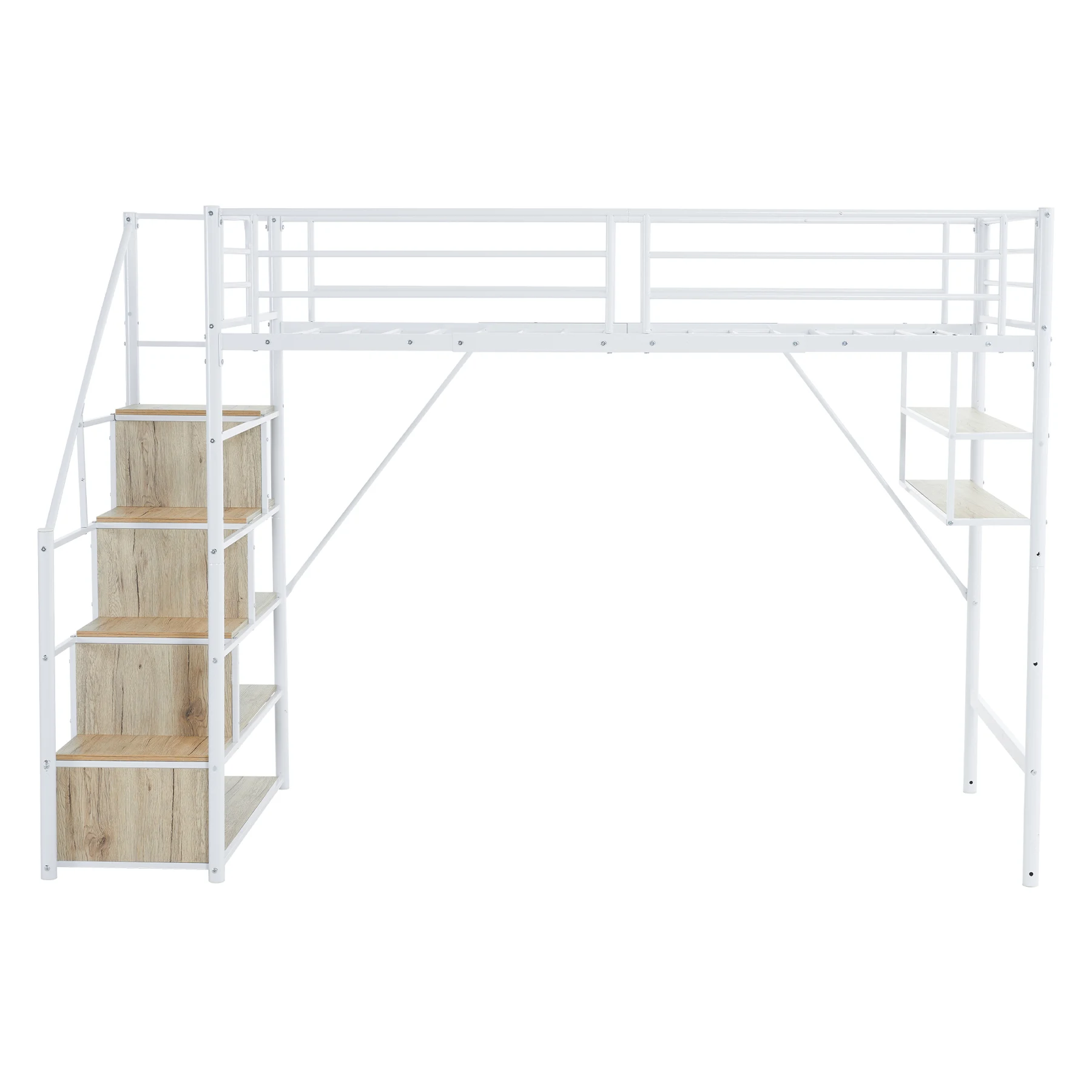ホワイト ロフトベッド 片側手すり付き 収納付き パイプベッド シングルベッド 木 北欧風 子供部屋 スチール 耐震 ベッド