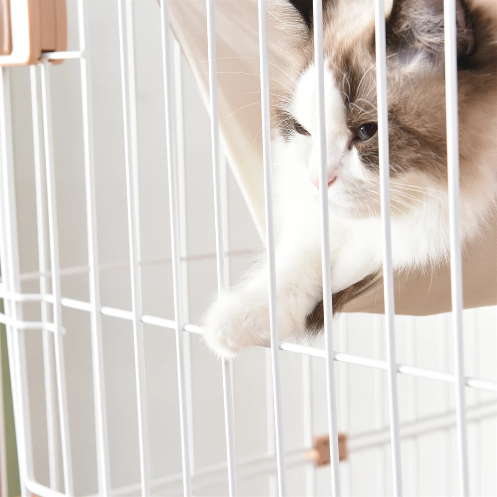 猫 キャットケージ ケージ 木製 キャットハウス ネコ ハウス 留守番 保護 脱走防止 多頭飼い 多頭 スチール 二段 (ナチュラル)