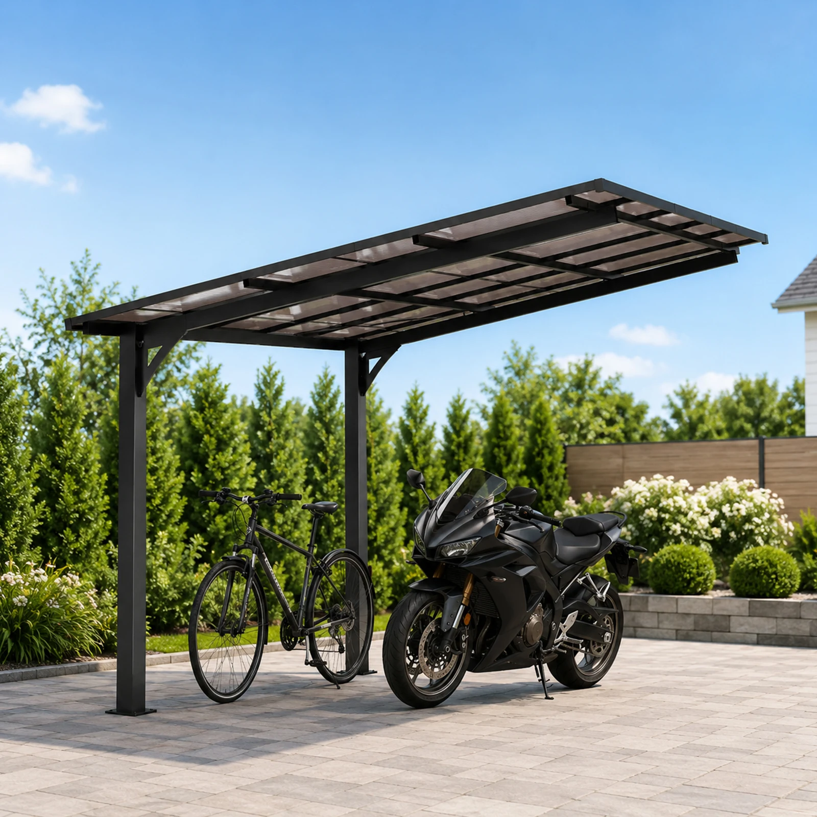 テラス屋根 ベランダ 屋根 ひさし大型 重量型 バルコニー 雨よけ サイクルポート 2本の柱 パーゴラ 幅302*奥行き300*高253 ポリカーボネート 屋根 裏庭とバルコニーに適用 壁面取り付け基準に適合