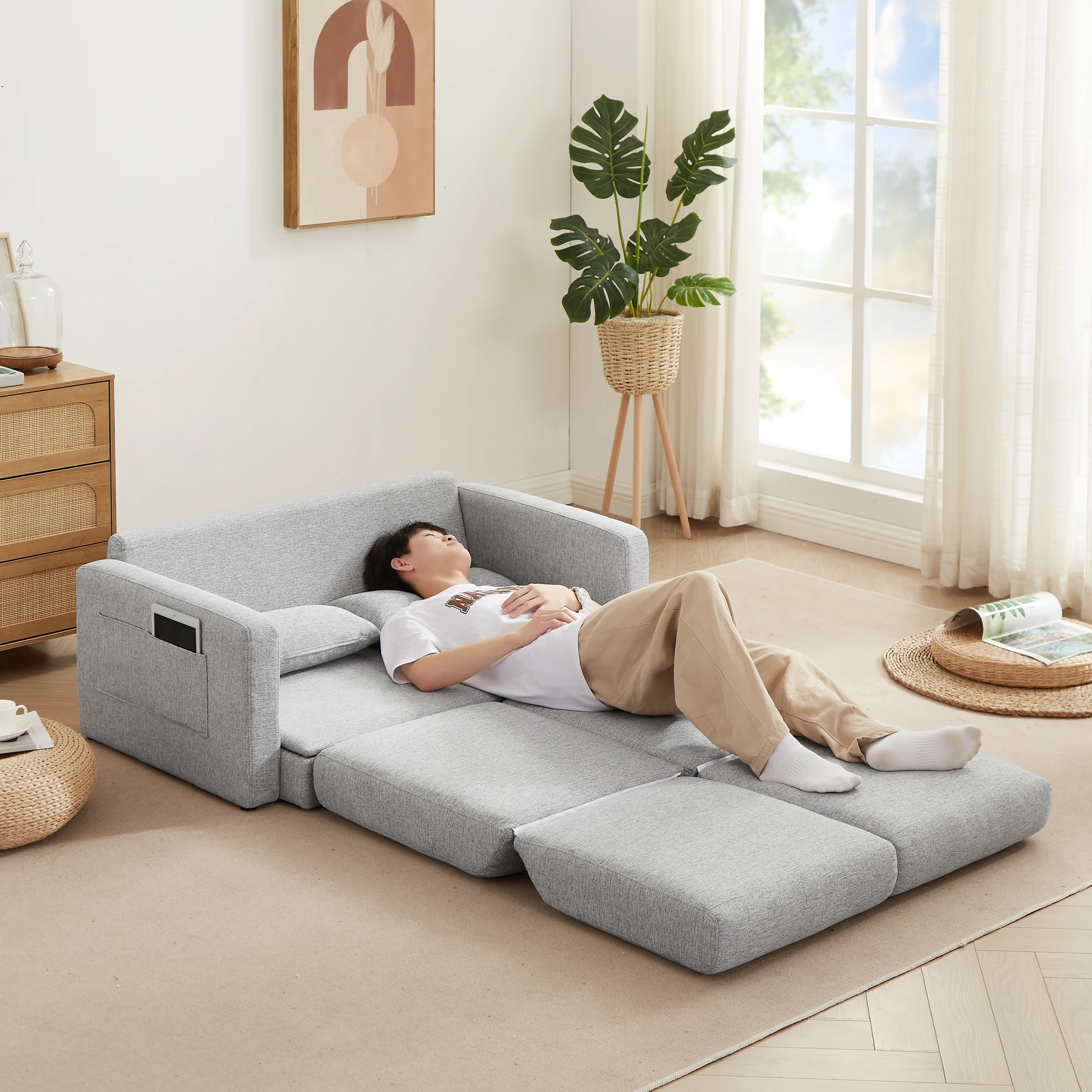 2 seater sofa ソファ 2人掛け 収納付き ファブリック 両側に肘掛け付き 木脚外し可能 ローソファ コンパクト ひとり暮らし カウチソファー