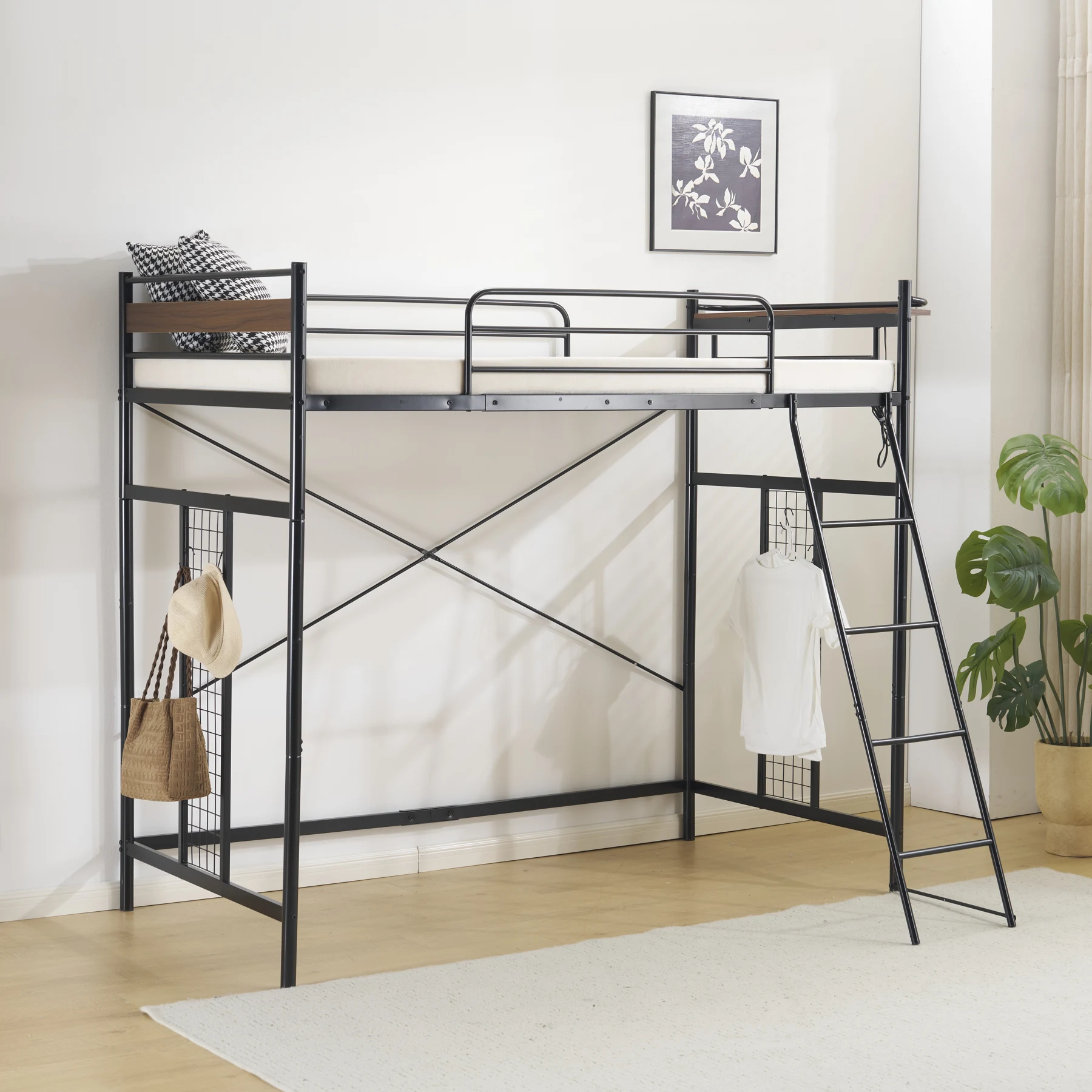 【ホワイト】システムベット 3WAYロフトベッド シングル 収納付き 北欧風 スチール 耐震 コンセント付き メッシュパネル付き 高さ3段階