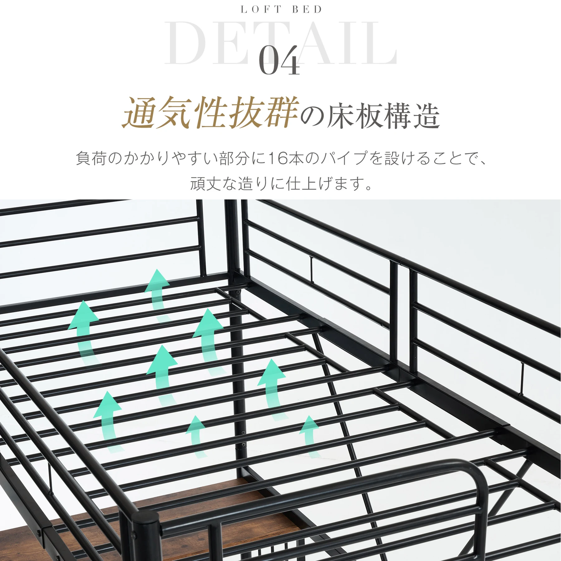 ロフトベッド デスク付き パイプベッド シングル 木 収納 北欧風 子供部屋 スチール 耐震 ベッド
