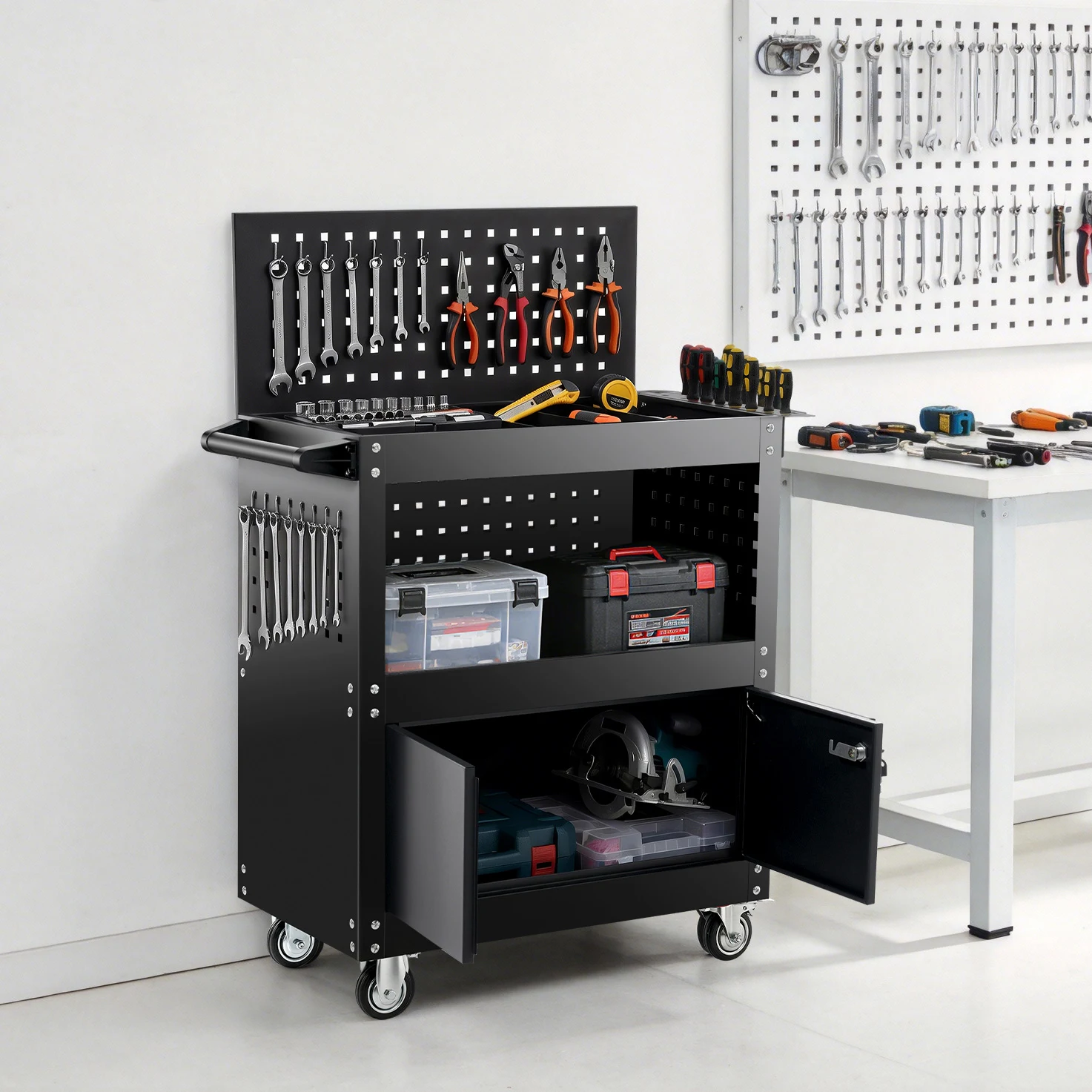 ツールキャビネット 2in1 ツールワゴン ツールカート工具カート ロールキャビネット スチール ローラーキャビネット ハンドル DIY 引き出し 鍵付き キャスター付き ロック付き 新作【ブラック】