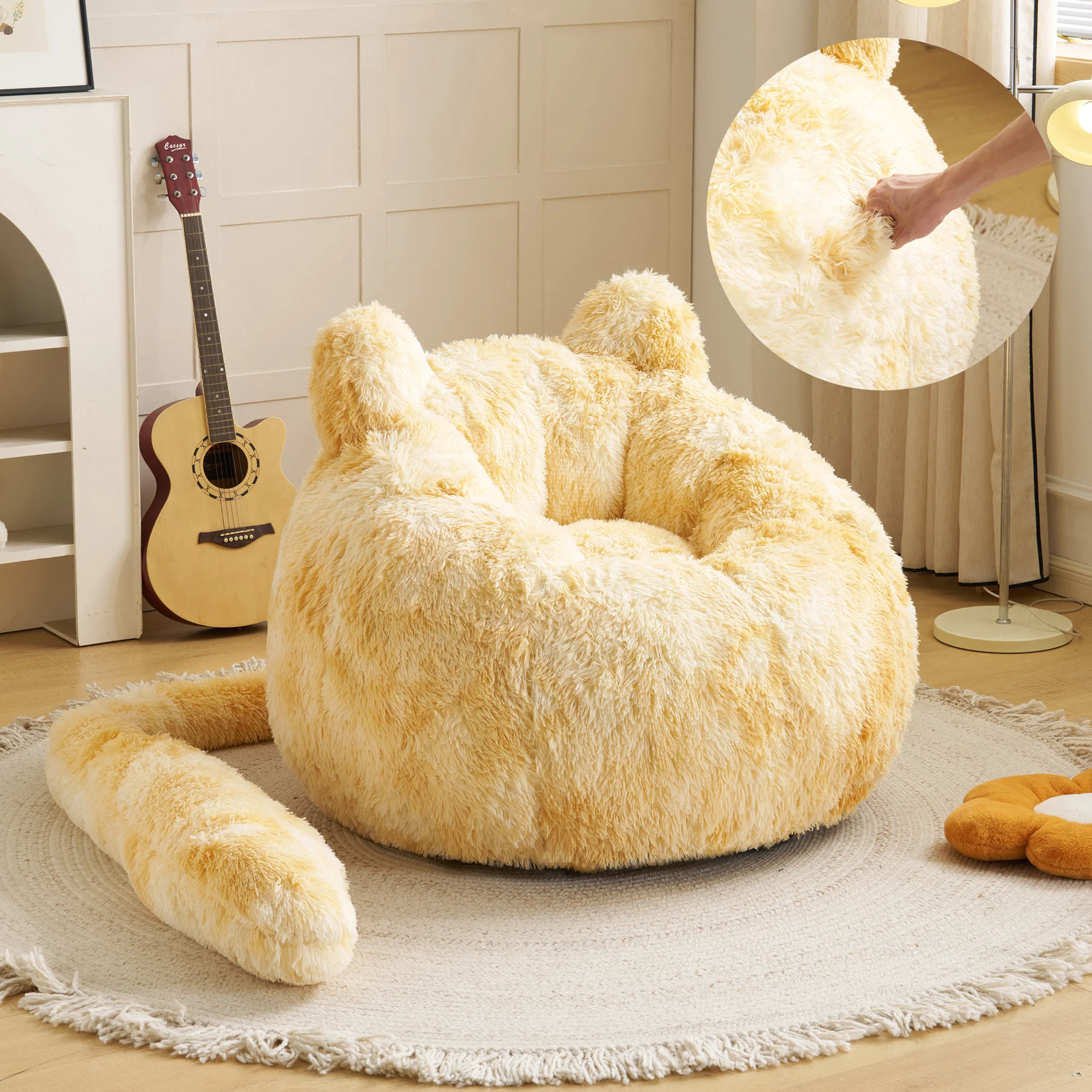 一人掛けソファ ローソファ フロアソファ 猫耳デザイン しっぽ付き ふわふわ もちもち 包み込まれる座り心地 取り外し可能 圧縮梱包 耐荷重150kg 滑り止め付き 背面ハンドル付き コンパクト ミニサイズ 座椅子 リビング 寝室 一人暮らし