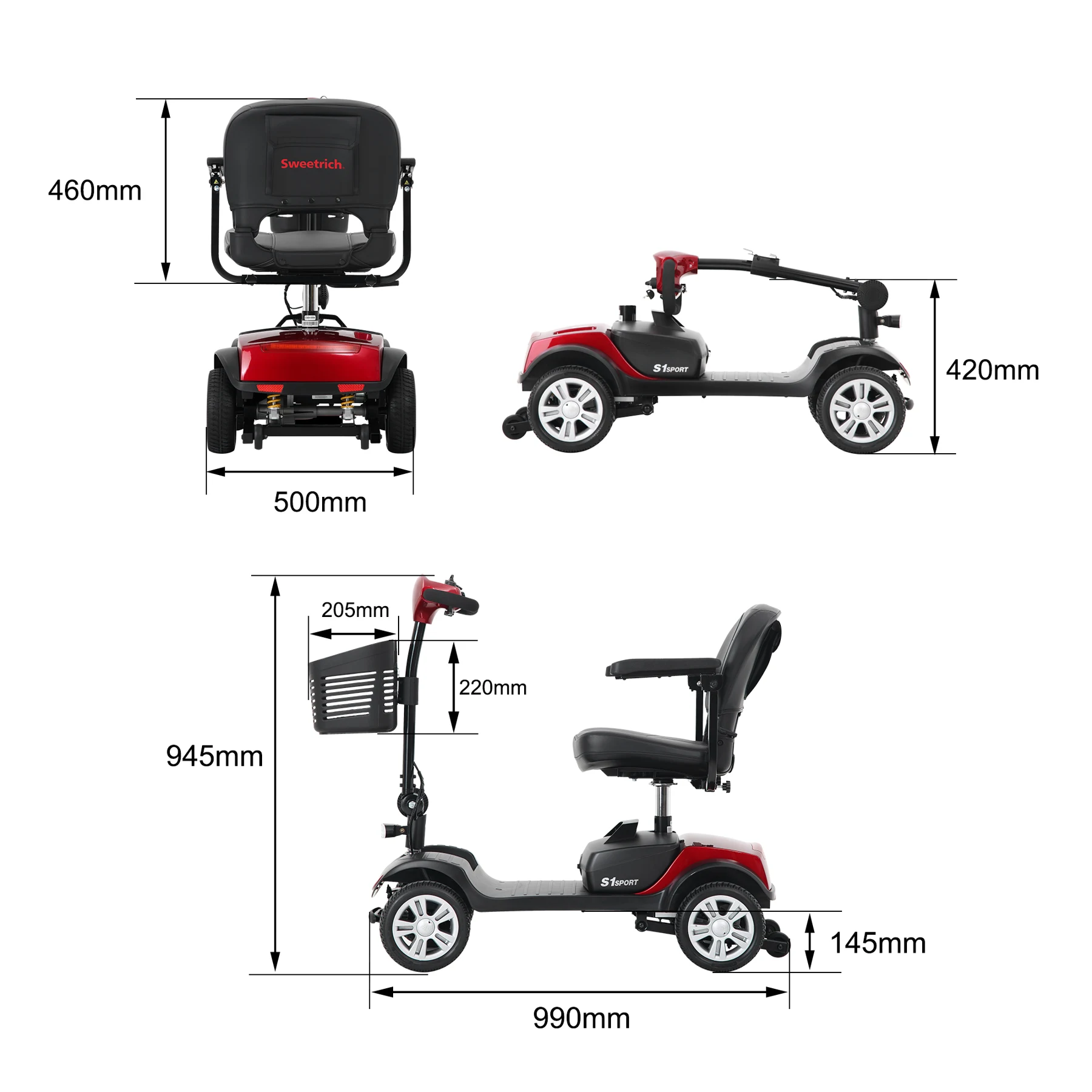 高齢者向け4輪電動モビリティスクーター、積載量136kg、速度6km/h、取り外し可能なバッテリー、360°回転シート、運転免許不要 - S1 SPORT RED