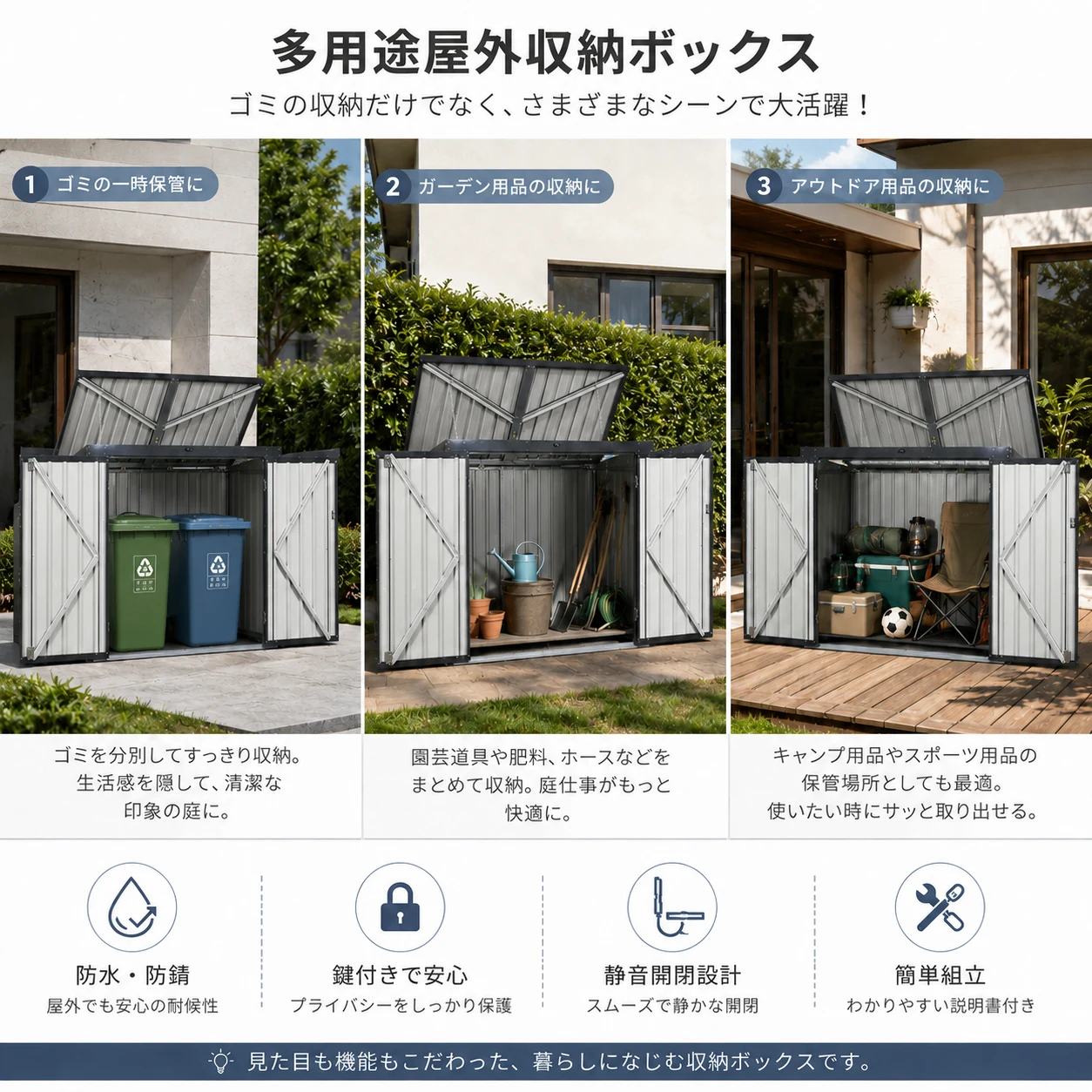 物置 屋外 戸外収納庫 大容量 スチール 両開きドア 施錠可能 防さび ベランダ 防水 ガーデニング 庭
