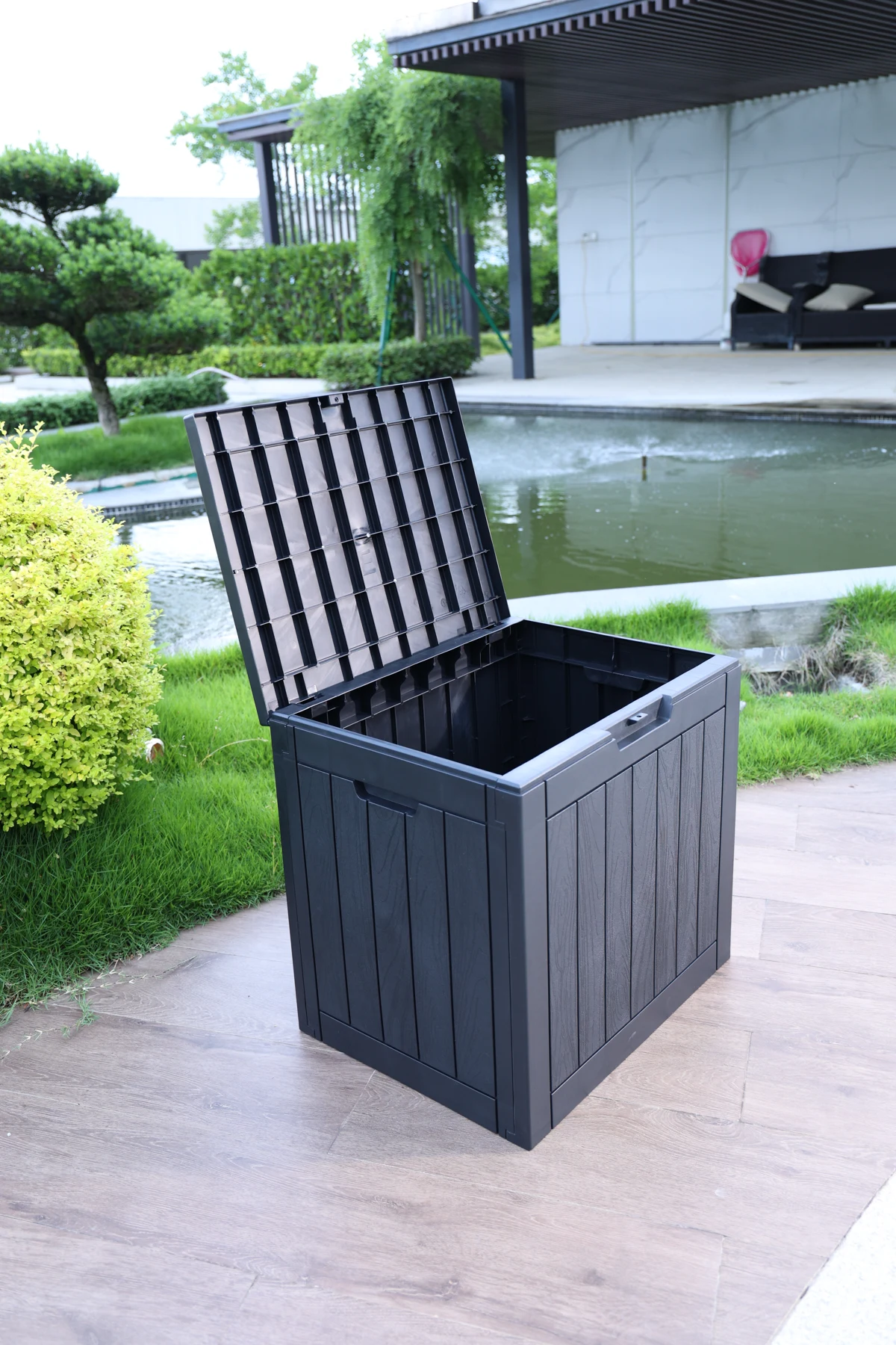 【ブラック 118L 56.1*43.4*53.4cm】戸外収納庫 収納ボックス 置き配 ゴミ箱 小型 屋外 ストッカー 防水/耐侯 収納可能 ガーデン/庭/ベランダ 頑丈 ブラック