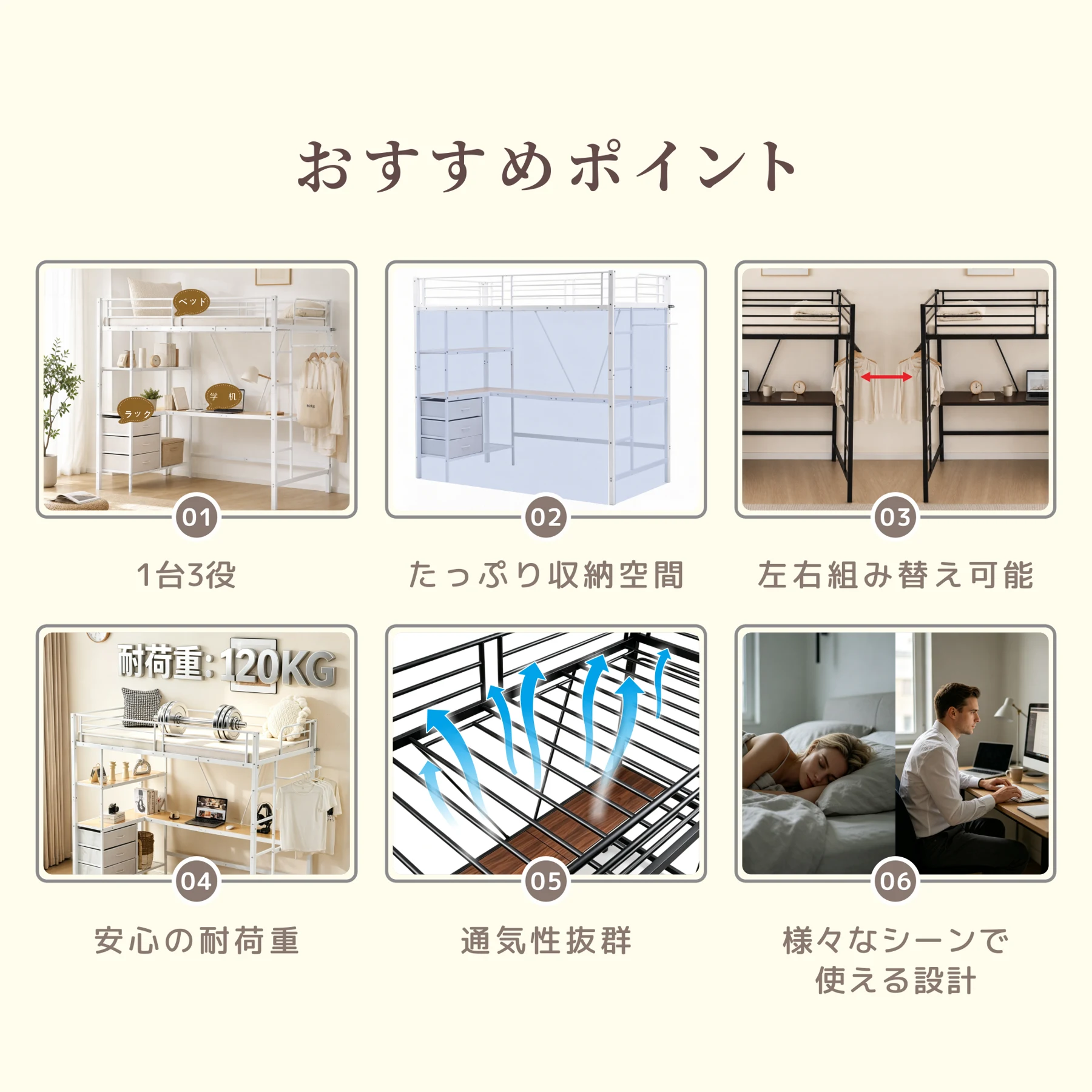 ロフトベッド パイプベッド シングル 引き出し付き デスク付き 収納付き 北欧風 シンプル おしゃれ 子供 システムベッド 子供部屋