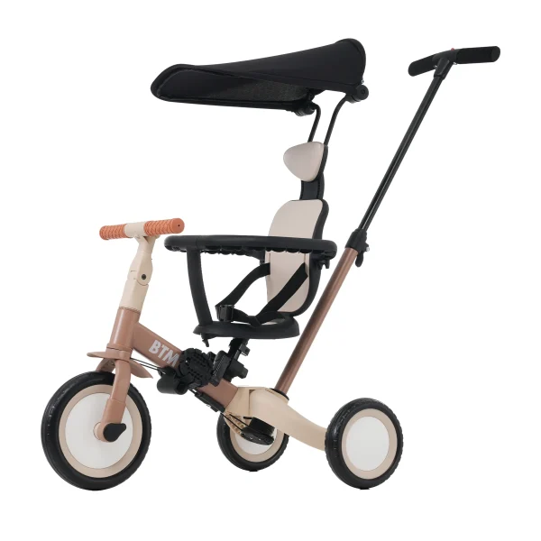 【ミルクティー】子供用三輪車 5in1自転車 オリジナル 押し棒付き 安全バー付き サンシェード付き