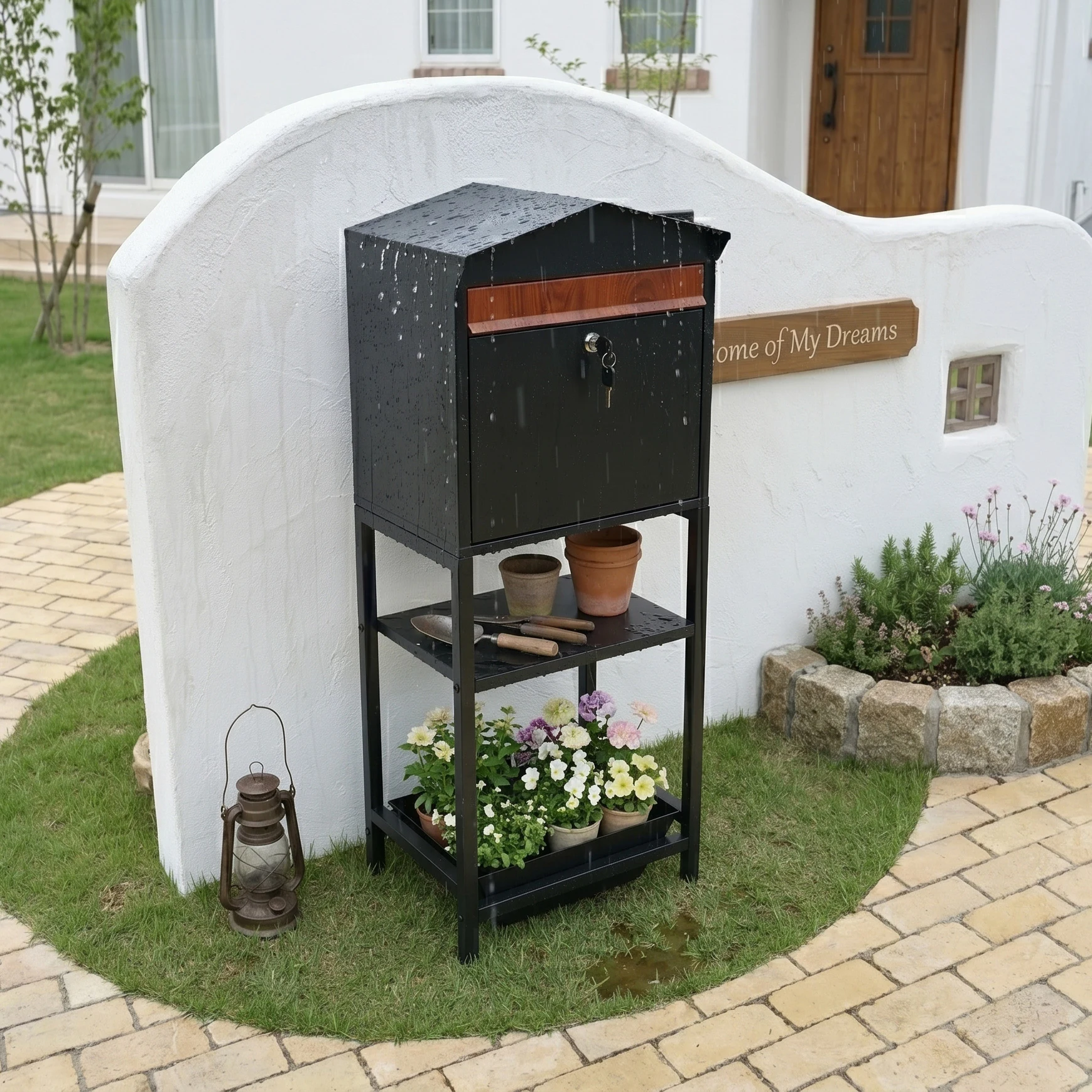 置き型 スタンド かご付きポスト鍵付き 玄関前 収納 スタンドポスト ポスト 北欧 一戸建て用 スタンドポスト メールボックス A4対応 新聞受け 高級 おしゃれ【ブラック】