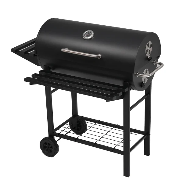 【レインカバー付き】バーベキューコンロ 焼き網 温度計 多用棚板 8-12人用 燻製 温度計で検温可能 BBQコンロ バレル式 バーベキュースタンド BBQスタンド バーベキューグリル BBQグリル BBQ 【ブラック】