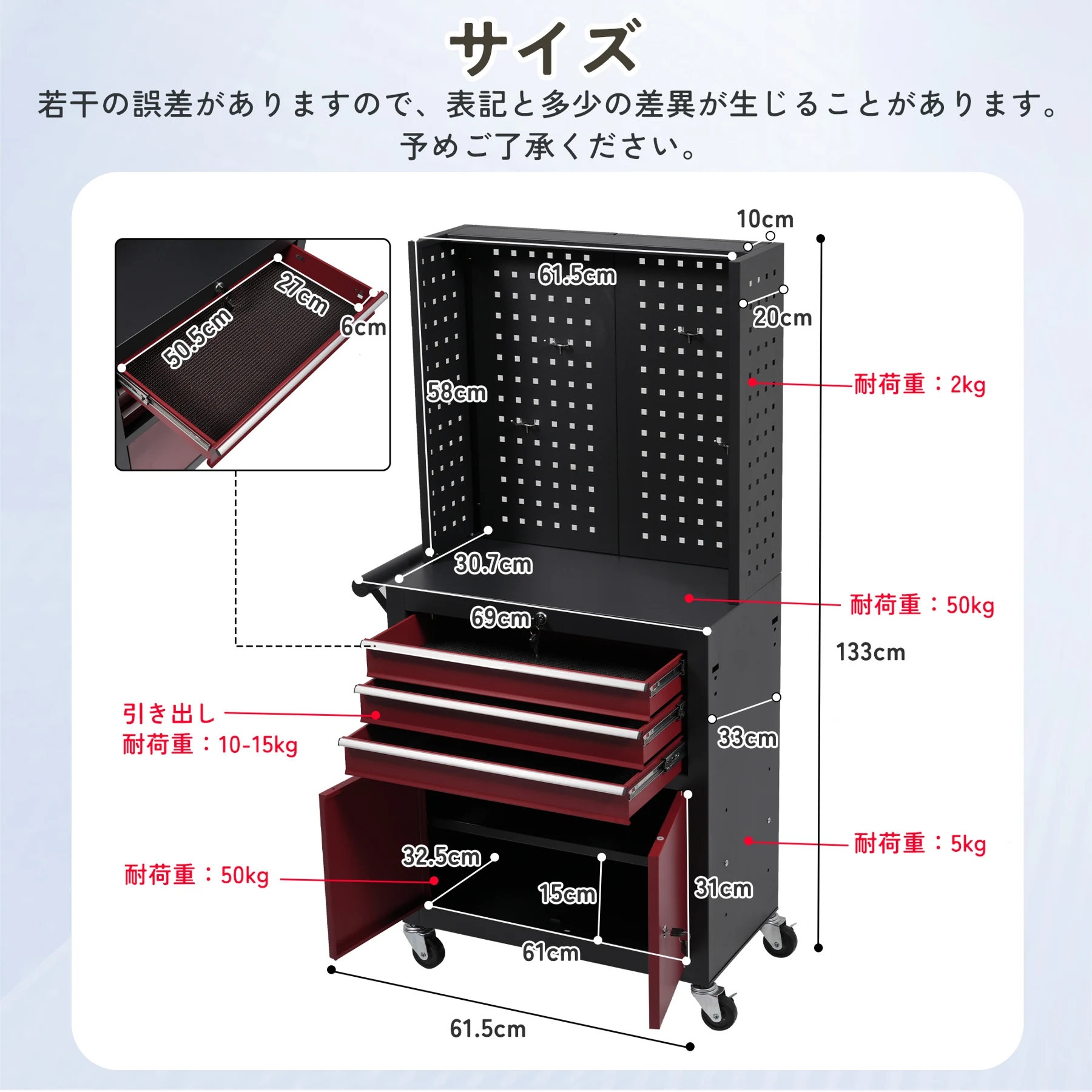 ツールキャビネット 多機能 ツールワゴン ツールカート工具カート ロールキャビネット スチール ローラーキャビネット ハンドル 耐荷重50KG フック付 DIY 引き出し 有孔ボード付き 鍵付き キャスター付き ロック付き 新作【ブラック】