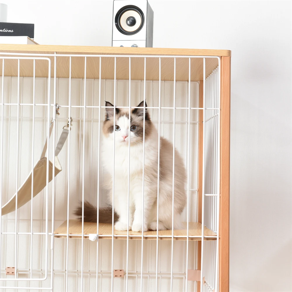 猫 キャットケージ ケージ 木製 キャットハウス ネコ ハウス 留守番 保護 脱走防止 多頭飼い 多頭 スチール 二段 (ナチュラル)