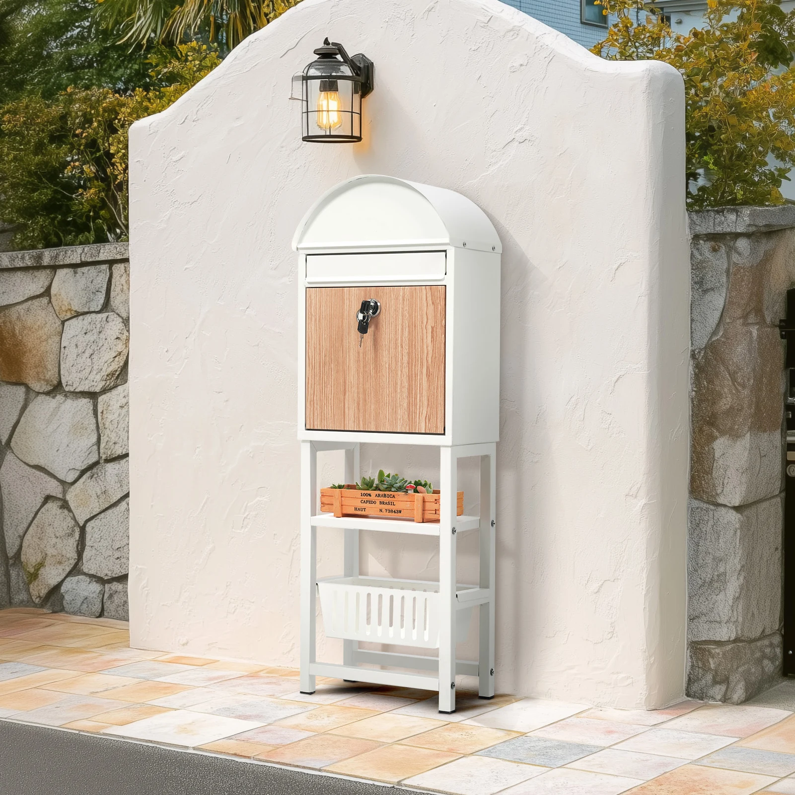 置き型 スタンド かご付きポスト鍵付き メ一ル便·A4対応 ポスト 北欧 一戸建て用 スタンドポスト メールボックス A4対応 新聞受け 高級【ホワイト+木目】