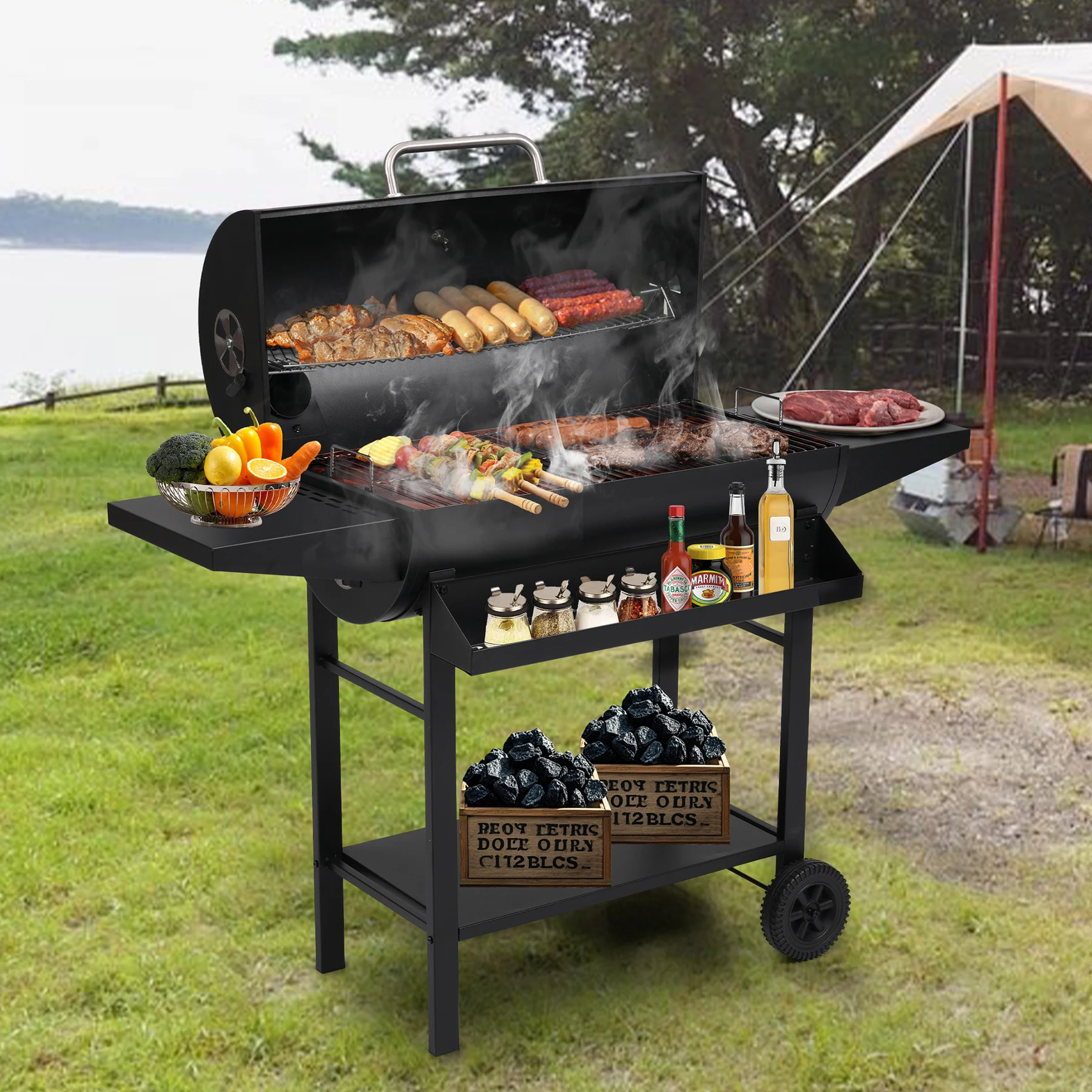 【レインカバー付き】バーベキューコンロ 焼き網 温度計 サイドテーブル 8-12人用 燻製 温度計で検温可能 BBQコンロ バレル式 バーベキュースタンド BBQスタンド バーベキューグリル BBQグリル BBQ 【ブラック】