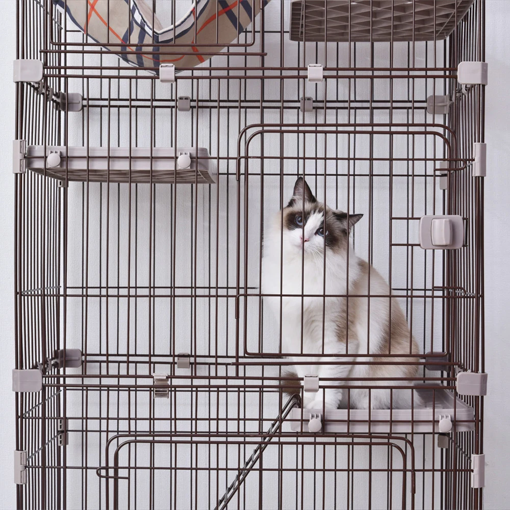 猫 ケージ キャットケージ ペットケージ キャスター付 猫ゲージ 大型 多頭飼い ネコドア キャットハウス 1段2段3段可能 留守番 保護 脱走防止 おしゃれ (3段,ブラウン)