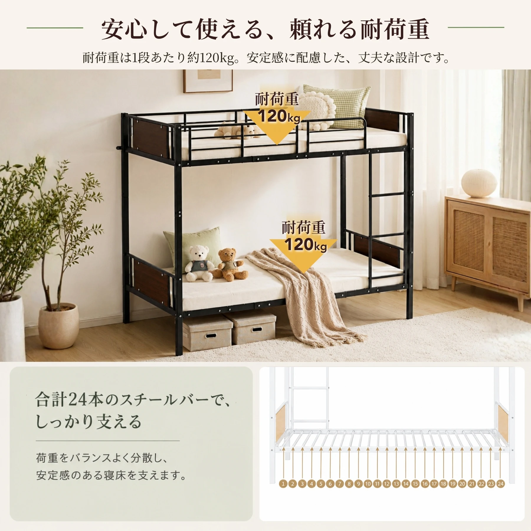 二段ベッド ヨーロッパ安全基準EN747認証獲得済 高さ154cm 二段ベッド シングルベッド パイプベッド 左右入れ替え可能 木 収納 北欧風 子供部屋 スチール 耐震 ベッド