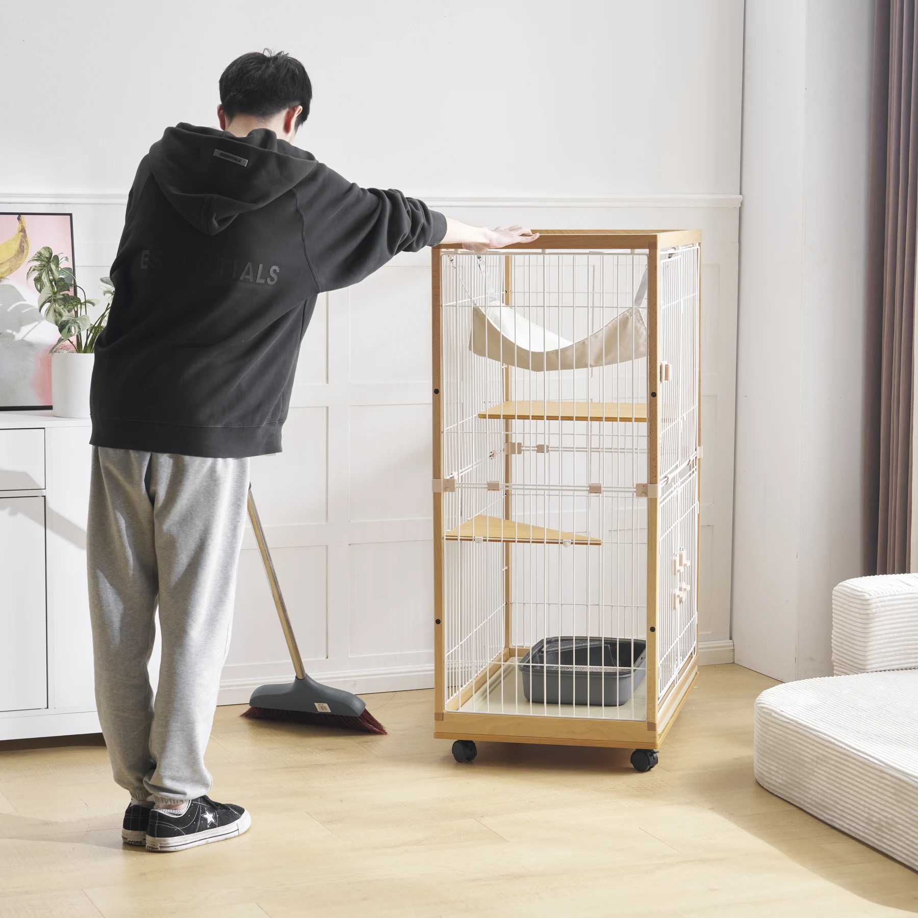 【2025年新仕様】猫 ケージ キャットケージ 2段 木製フレーム ハンモック付 広々 大型 猫ゲージ 高級感 おしゃれ キャットハウス ネコ ハウス 多段 留守番 脱走防止 多頭飼い 多頭 スチール ペットケージ【ナチュラル】