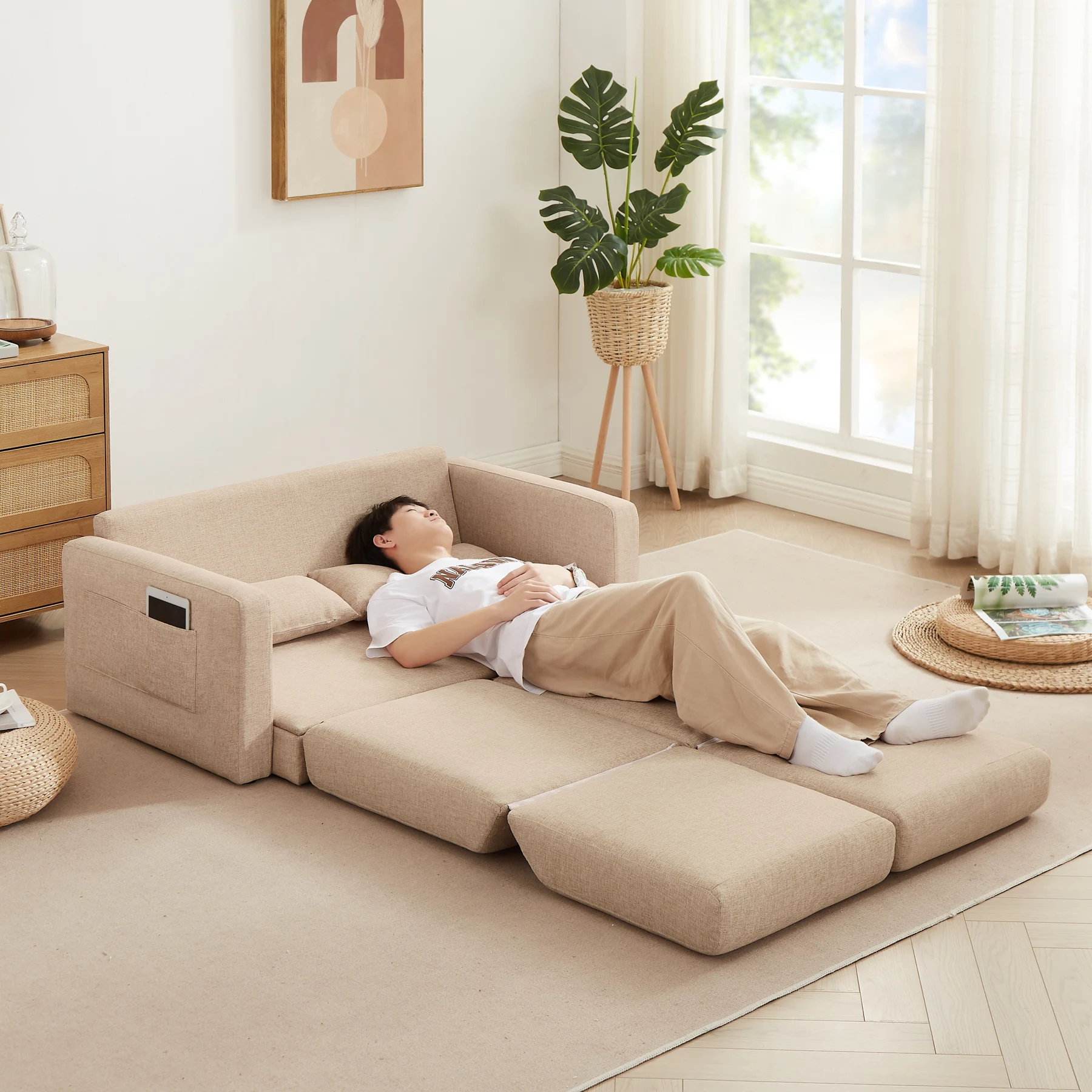 2 seater sofa ソファ 2人掛け 収納付き ファブリック 両側に肘掛け付き 木脚外し可能 ローソファ コンパクト ひとり暮らし カウチソファー