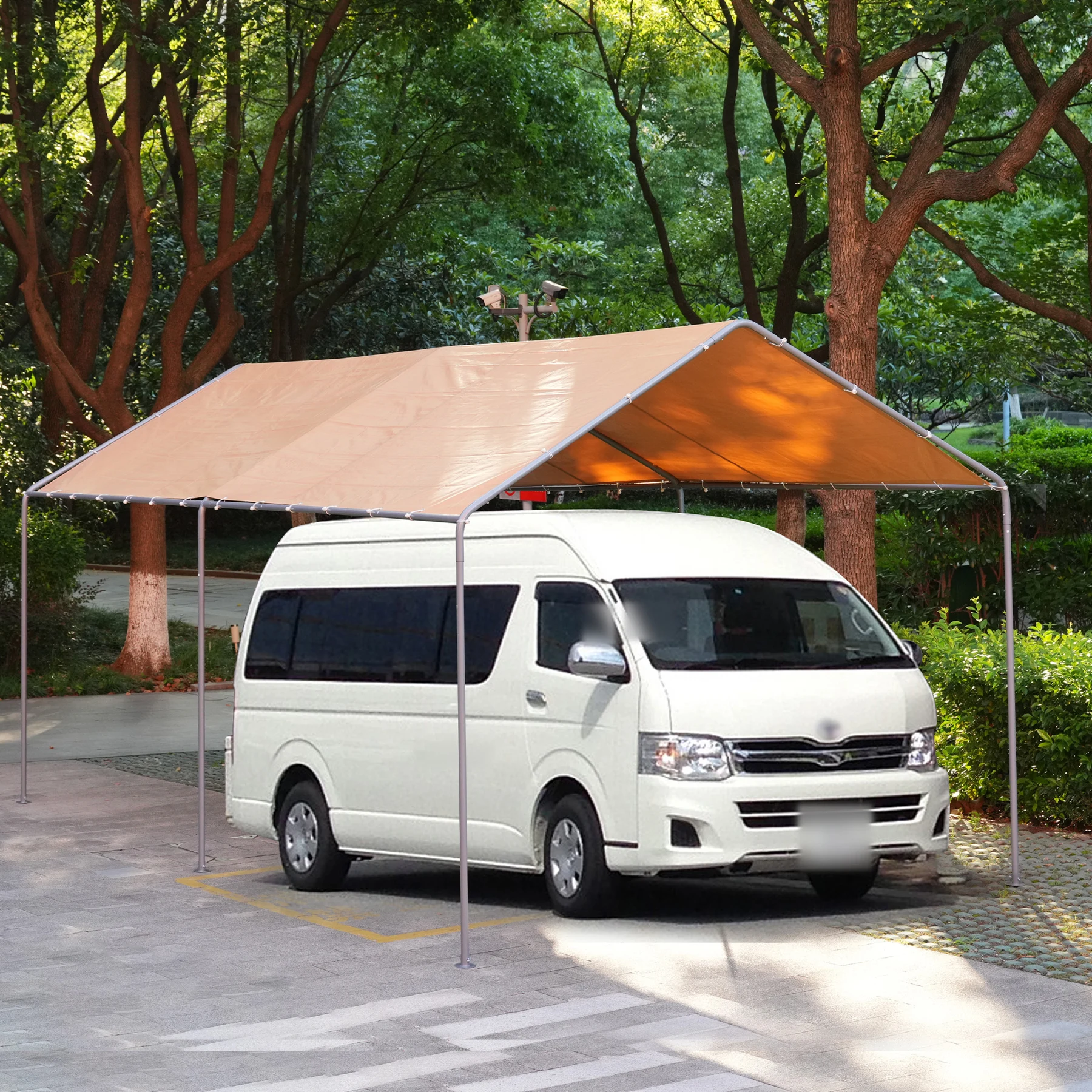 【UPF50+UVカット&防雨】テント 車庫テント ガレージテント 車庫 お祭り 倉庫 奥3m×幅6m×高さ2.82m ガレージテント カーポート 軽自動車用 大型 車 駐車 スチール製 頑丈 仮設倉庫 タープテント【ベージュ】
