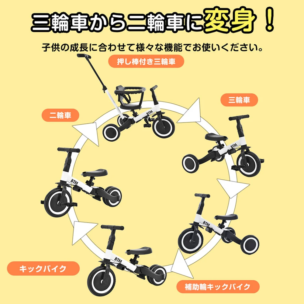 子供用三輪車 5in1 (マットグリーン) 自転車 オリジナル 押し棒付き 安全バー付き キックボード カップホルダー ベル バッグ付き