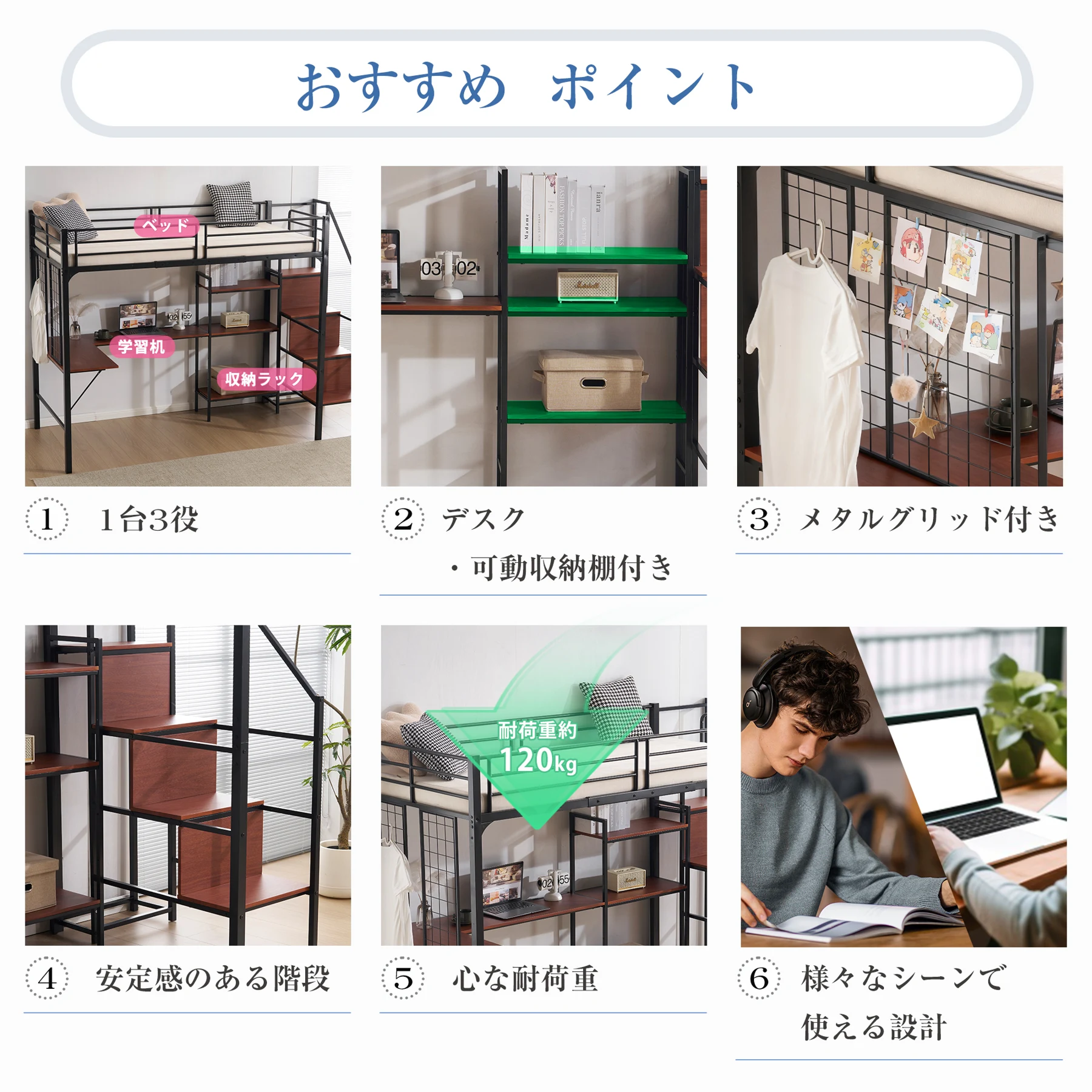 ロフトベッド シングル 収納棚付き デスク付き 階段付き 北欧風 木目 子供ベッド 大人ベッド 一人暮らし スチール 耐震 ベッド ブラック