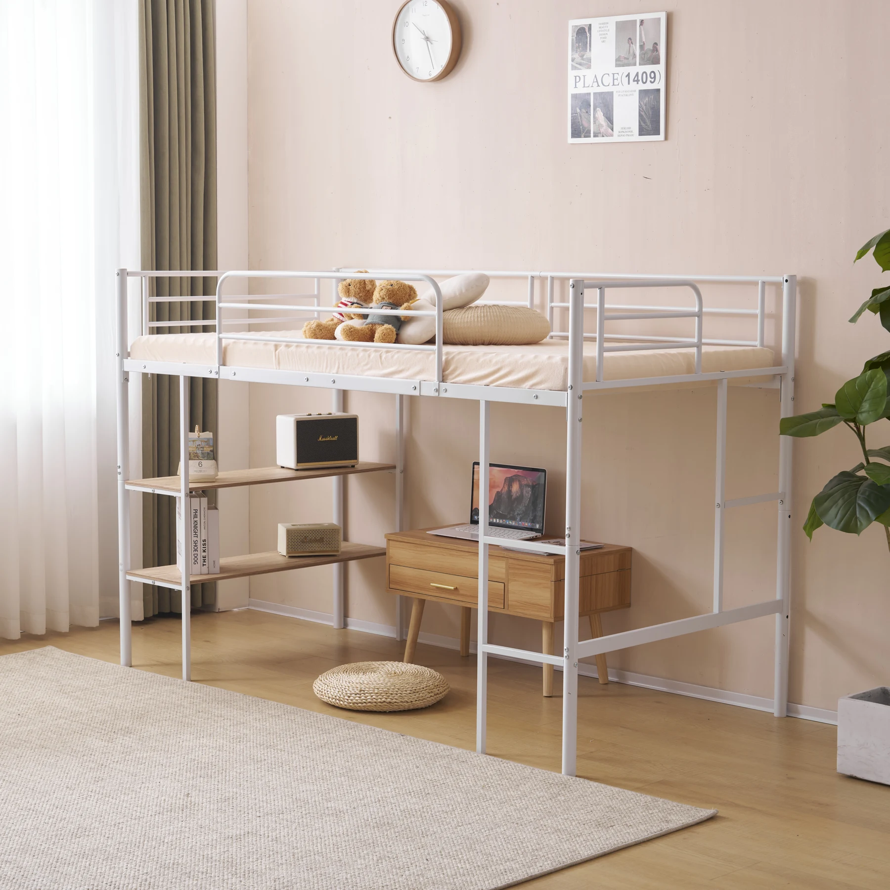 ホワイト ロフトベッド パイプベッド シングルベッド 収納棚付く ロータイプ ロフトベッドロータイプ 木 収納 北欧風 おしゃれ 子供部屋 スチール 耐震