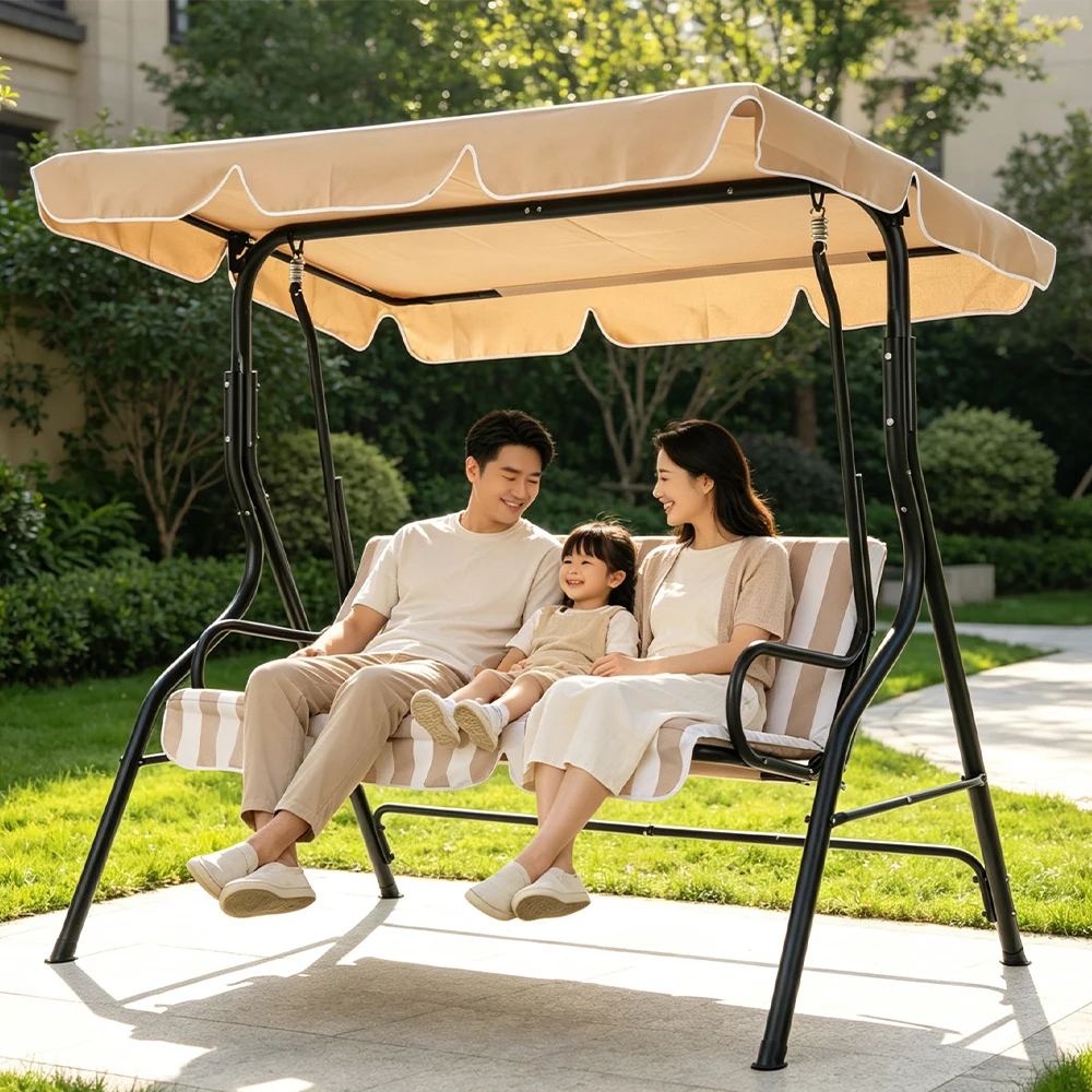 【ベージュ】2026新作 ブランコベンチ 屋外遊具 家庭用 シェード付き 耐荷重150KG 2~3人乗り ブランコ 大型遊具 アウトドア用 組み立て簡単