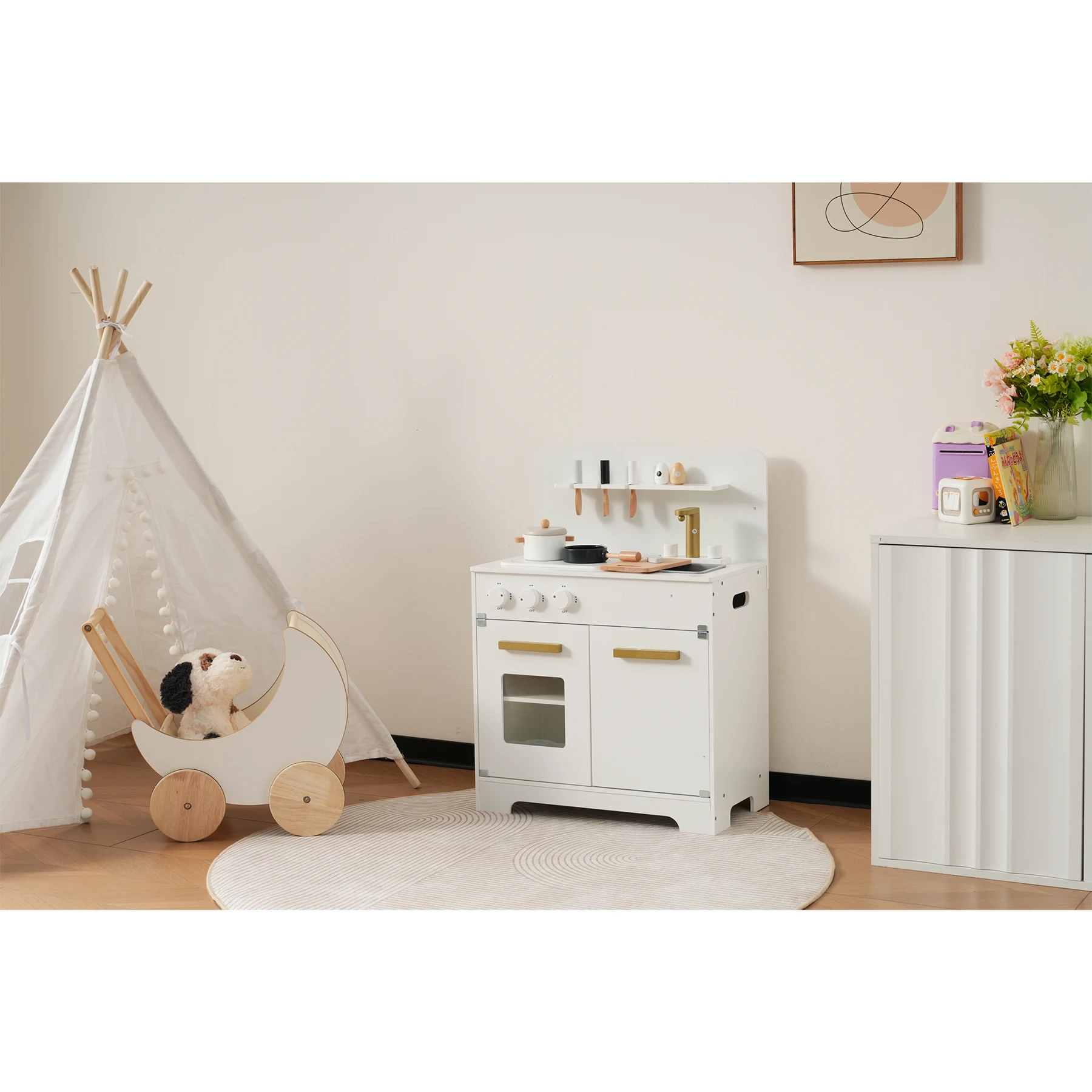 おままごと キッチン 木製 調理器具付き ままごとセット 誕生日 台所 知育玩具 子供用 子供 収納 まねっこ コンロミニキッチン おもちゃキッチン キッズ ベビー プレゼント【ホワイト】