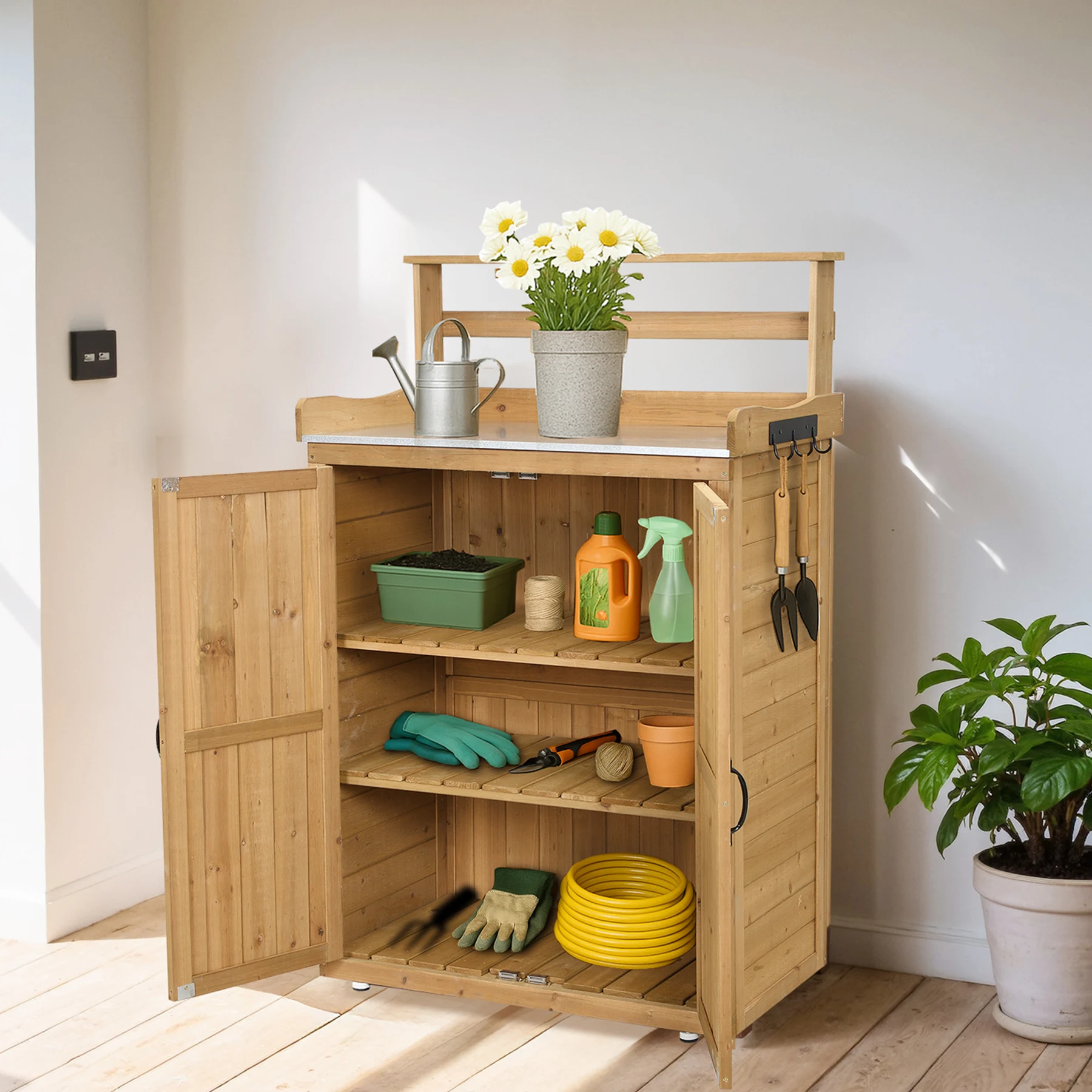 物置き 木製 収納庫 観音扉 ガーデニング用品 小屋 戸外収納庫 大型 屋外物置 棚 大型 ドア ベランダ 物置き 屋外収納 ガーデニング ウッド 園芸用品 庭 倉庫 DIY 頑丈 新作【ナチュラル】