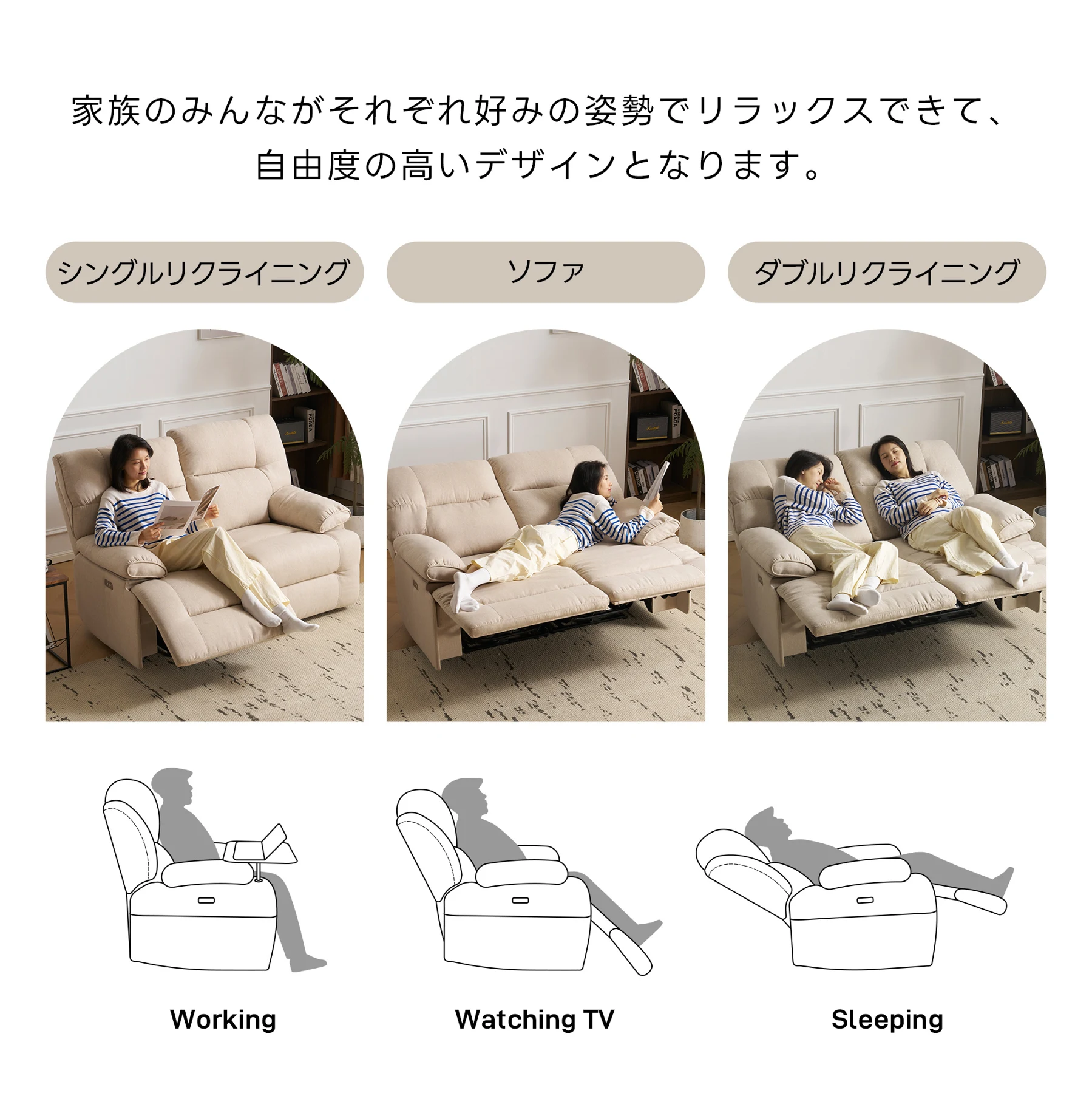 リクライニングチェア リクライニングソファ 2人掛け ファブリック 電動 リクライニング 左右独立調節150° オットマン一体型 パーソナルチェアー 電動ソファ 耐圧分散 リクライニングチェア【ベージュ】
