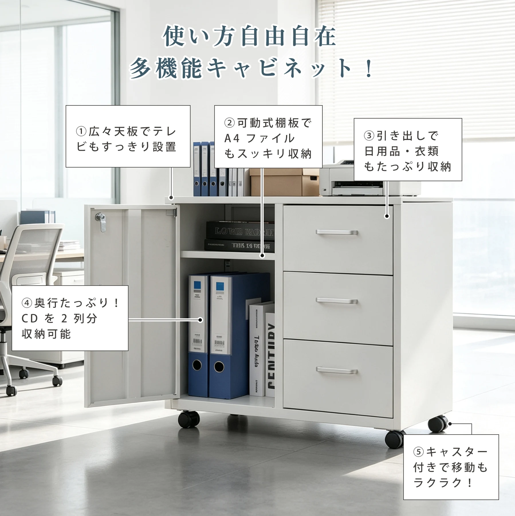 キャビネット スチール製 デスクワゴン 引き出し サイドボード チェスト 収納棚 リビングボード 両開き扉 大容量収納 テレビ台 作業台 間仕切りカウンター タンス 漫画 衣類 収納 おしゃれ リビング 寝室 ランドリーチェ 組立品