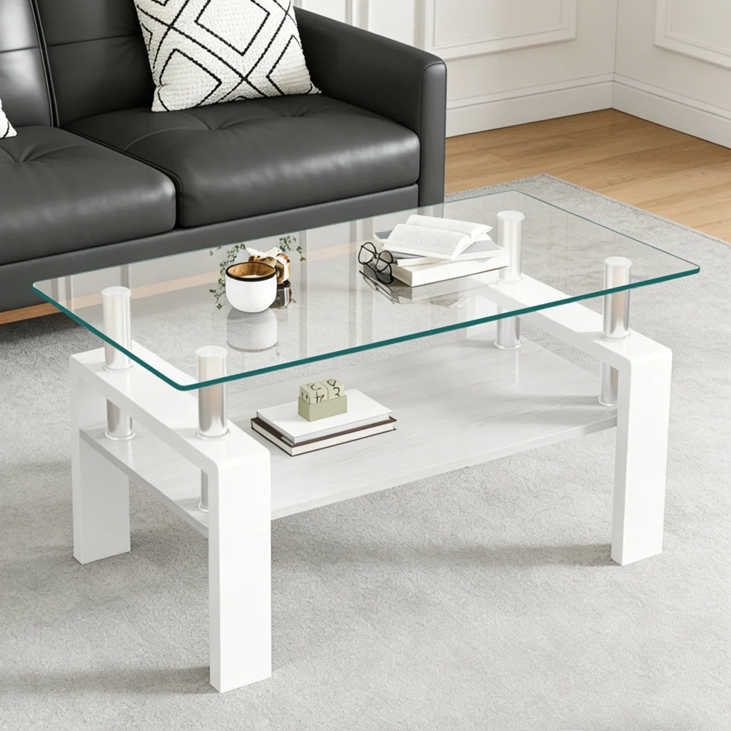 モダン長方形コーヒーテーブル 強化ガラス天板+MDF収納棚 リビング用 クリアガラス+ホワイト脚