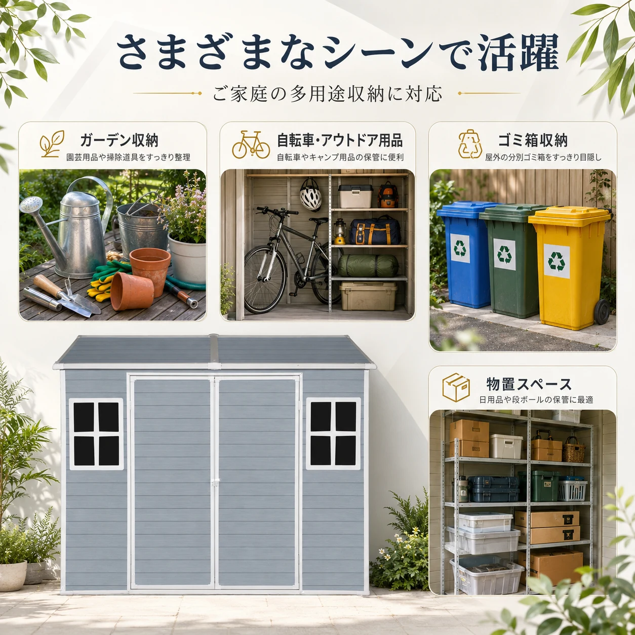 物置 屋外 樹脂製 大型 戸外収納庫 幅244*奥行き190*高218 窓付き 床板付き 頑丈 大容量 サビ防止 防水 ガーデニング 庭