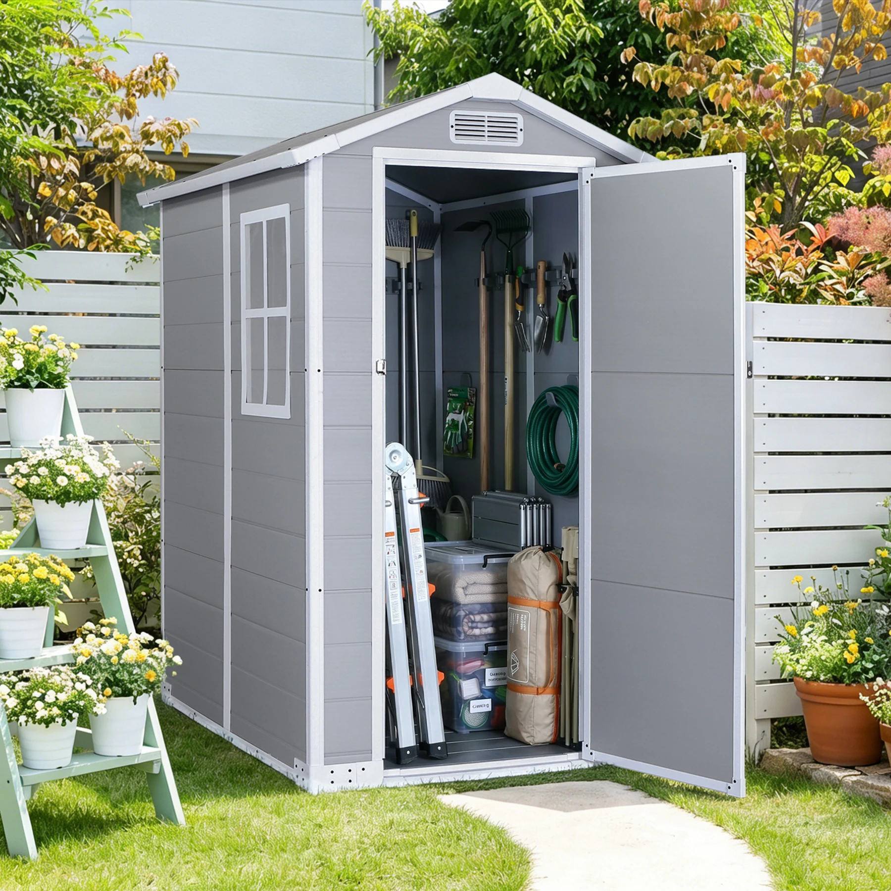 【4000L】物置 屋外 戸外収納庫 XLsize PP樹脂製 窓付き 倉庫 物置き おしゃれ 大型 収納庫 屋外物置 防さび ベランダ 防水 ドア 物置 屋外収納 ガーデニング 庭 新作【ライトグレー】
