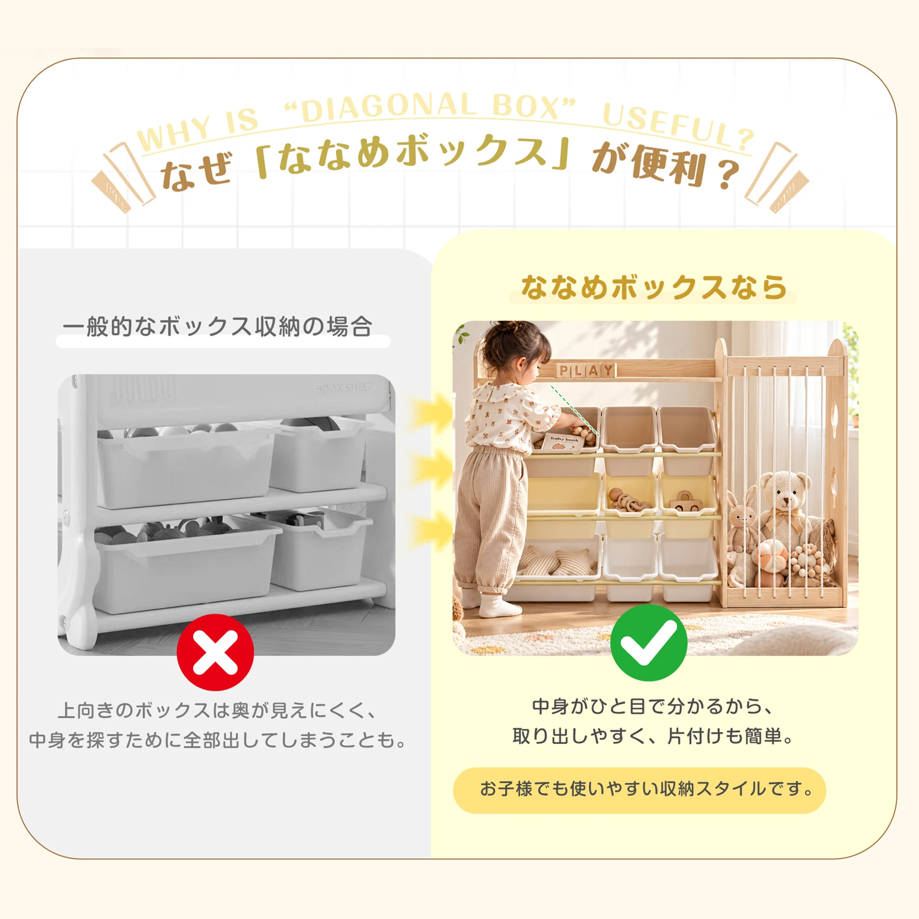おもちゃ 収納 ラック 3段 棚 おもちゃ箱 おもちゃ収納3段ラック 絵本棚 スリム オモチャ収納 おしゃれ ワイドタイプ 大容量 組立簡単 こども キッズ 入学 入園 新生活 出産祝い 木製 紐付 プレゼント