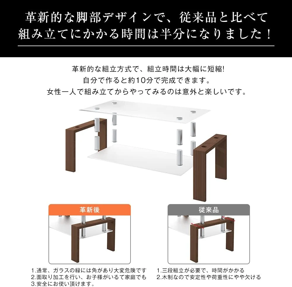 ガラステーブル コーヒーテーブル 幅88cm 強化ガラス天板 スチール脚 収納付き 二段収納 おしゃれ リビング用テーブル 棚付き 一人暮らしに最適 大容量収納