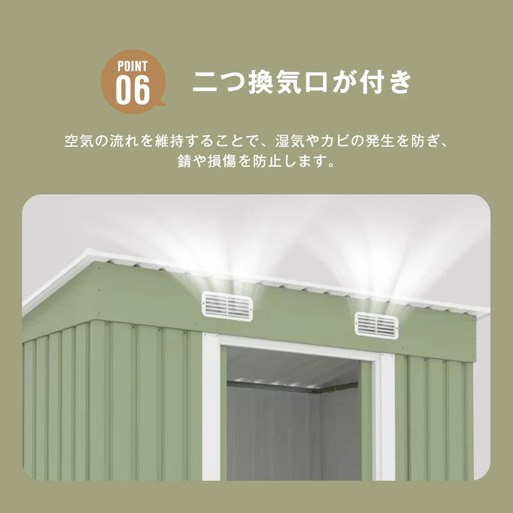 【TYPE B ライトグリーン】物置 屋外 大型 倉庫 大型物置 戸外収納庫 物置 防水/耐侯 収納可能 ガーデン/庭/田畑/農場 頑丈 大容量 スチール 引き戸 補強フレーム付き 換気口付き 床なし