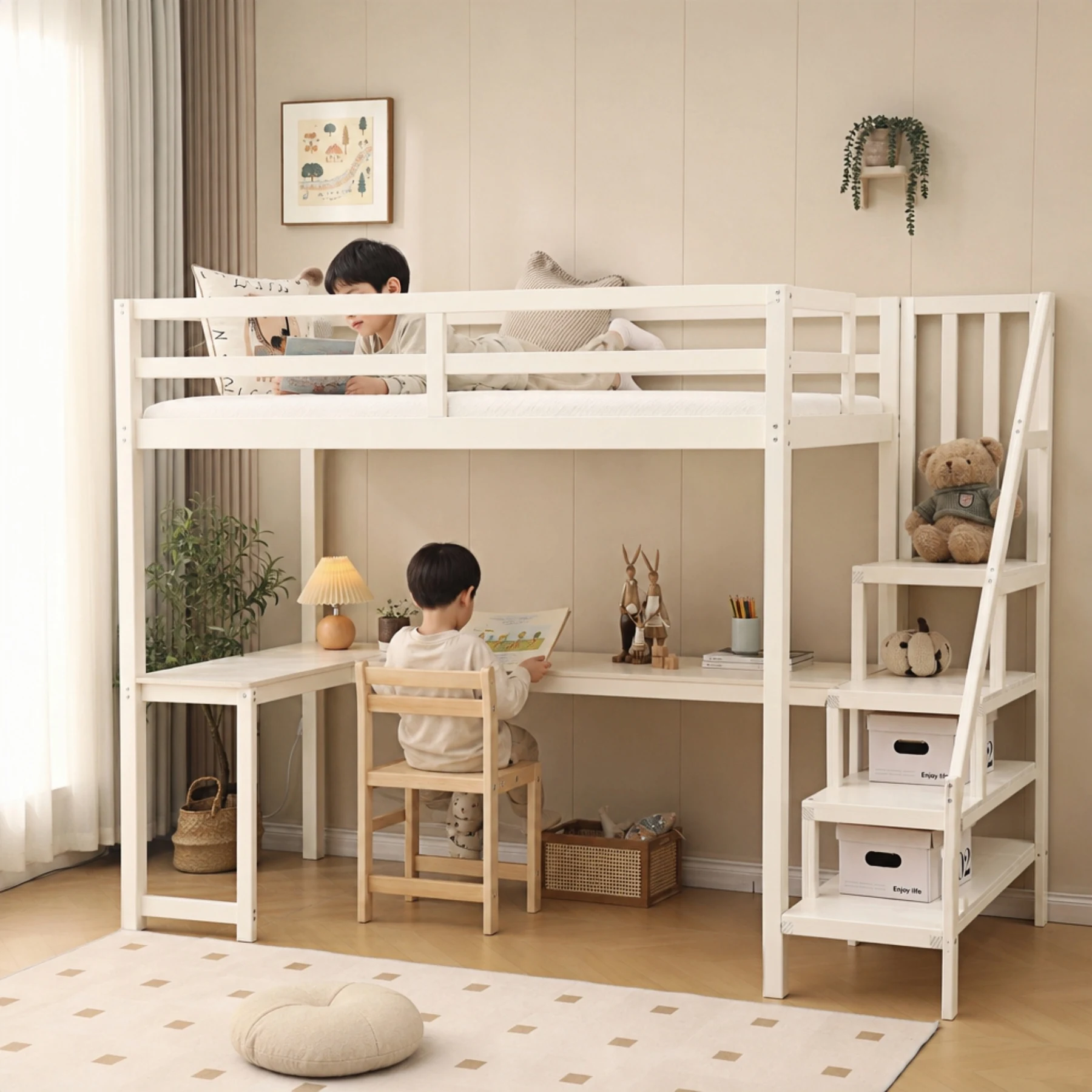 ロフトベッド システムベッド デスク+階段 デスクベッド 学習机 すのこ シングル 収納 子供ベッド 省スペース 耐震 ベッド セット 木製ベッド おしゃれ 天然木 収納スペース 子供部屋 すのこベッド 木製ベッド シングルベッド