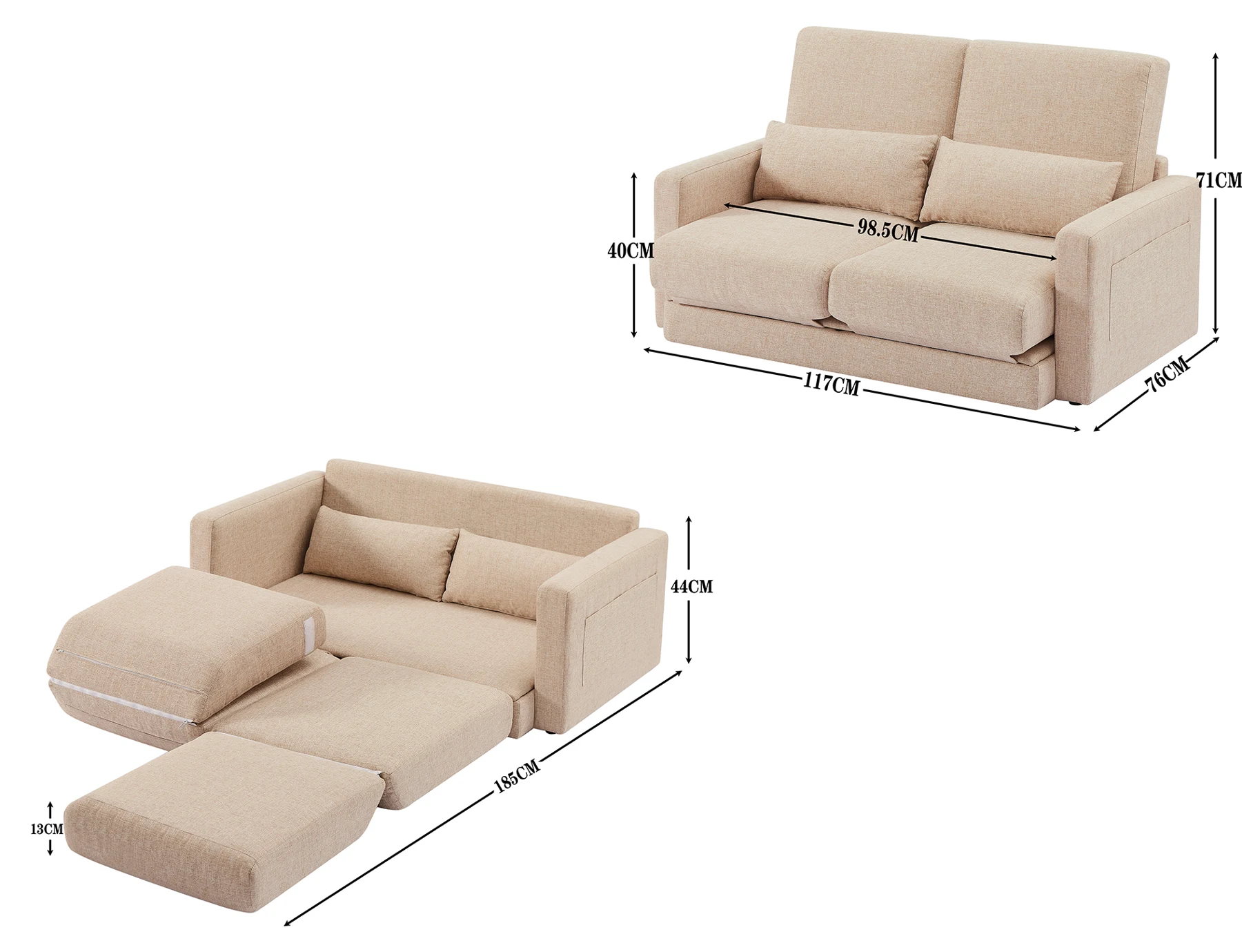 2 seater sofa ソファ 2人掛け 収納付き ファブリック 両側に肘掛け付き 木脚外し可能 ローソファ コンパクト ひとり暮らし カウチソファー