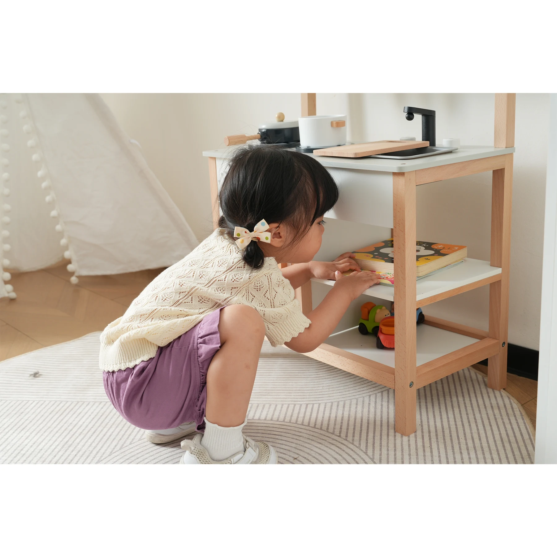 おままごとキッチン 木製 誕生日 台所 調理器具付 食材 知育玩具 コンロ ミニキッチン おもちゃキッチン【ホワイト】