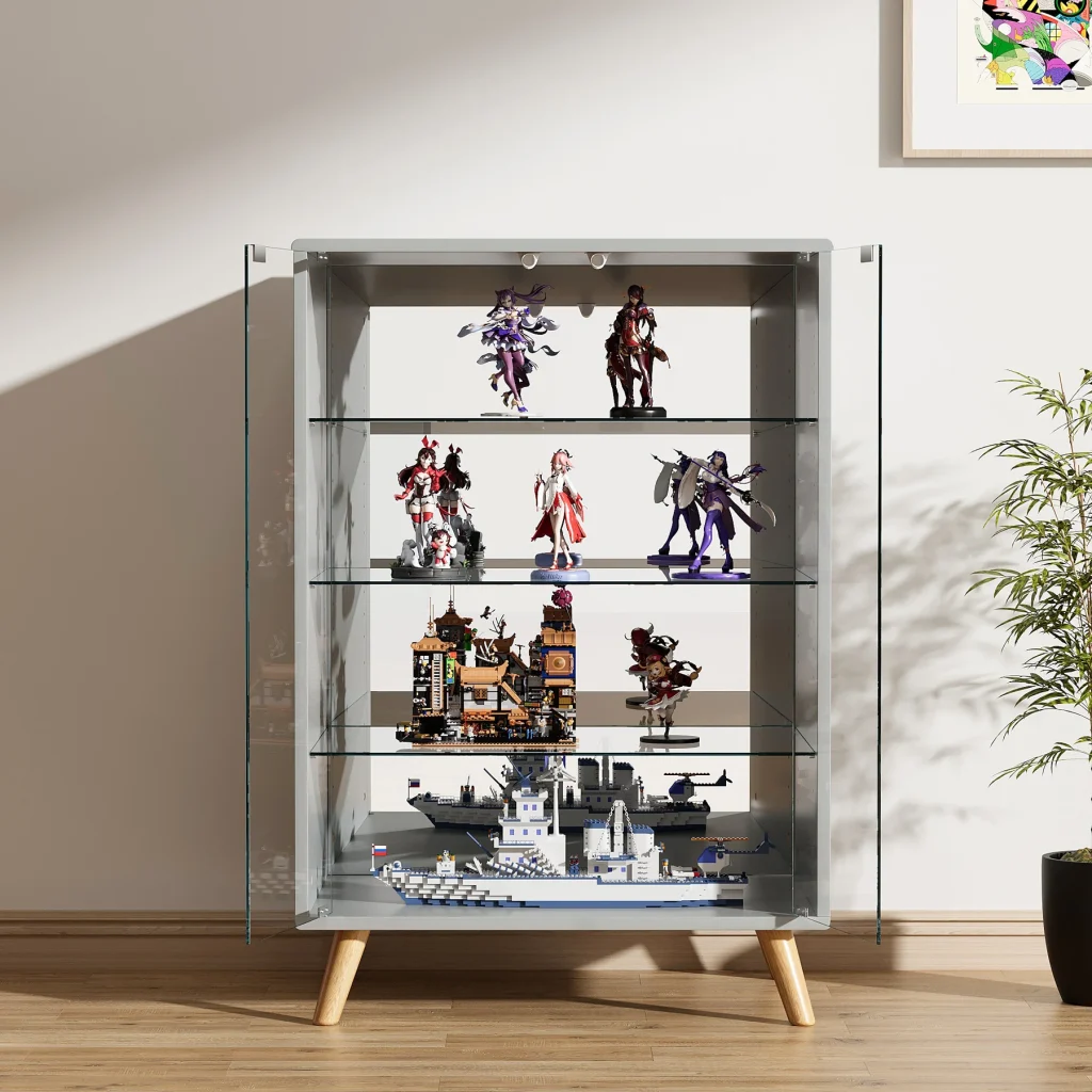 コレクションケース ワイド 大容量 コレクションシェルフ ガラスディスプレイキャビネット 4段 高さ調節可能 背面ミラー 強化ガラス棚 サイズ：幅60*奥行43*高さ88CM グレー